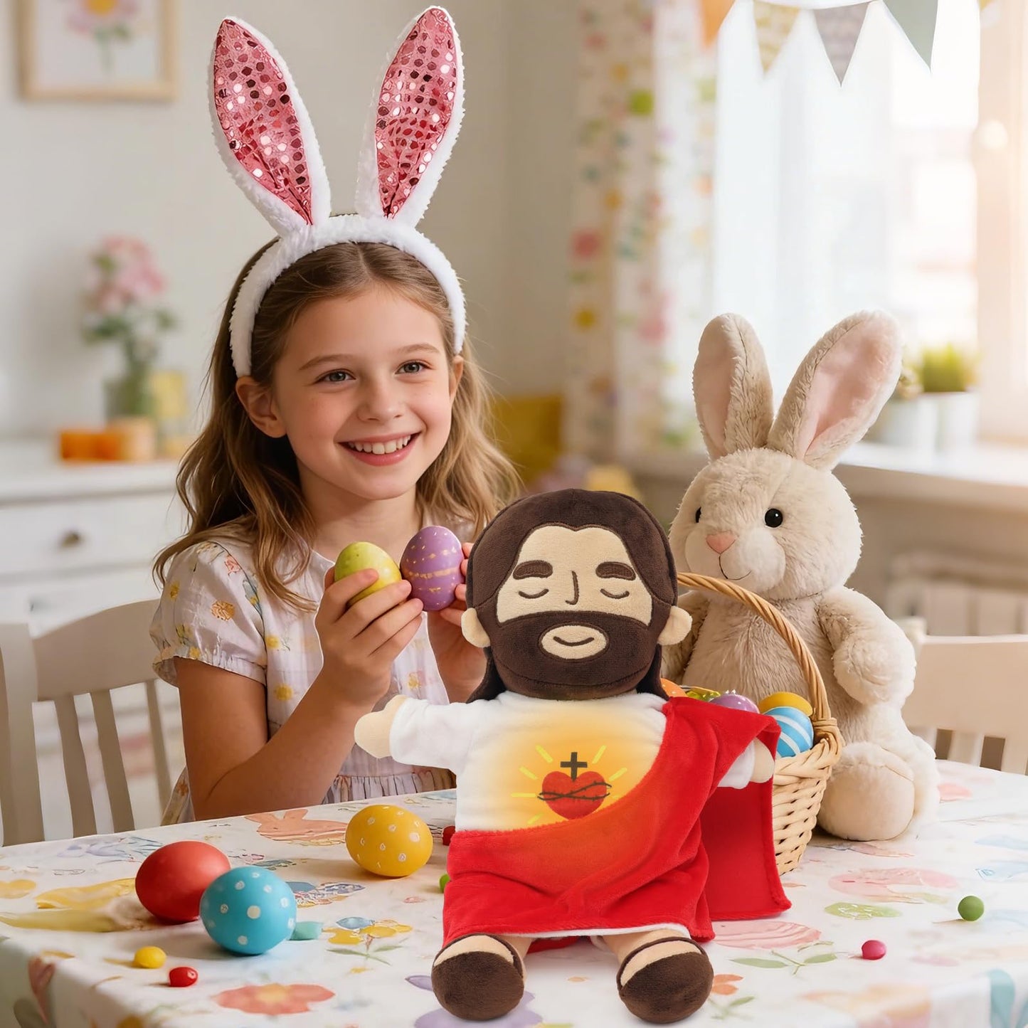 Yelakey Officially Jesus Plush Breathing Soothing Stuffed Animal Heart of Jesus Toy Savior Doll for Church Sunday School Religious Easter Gift (Brown)