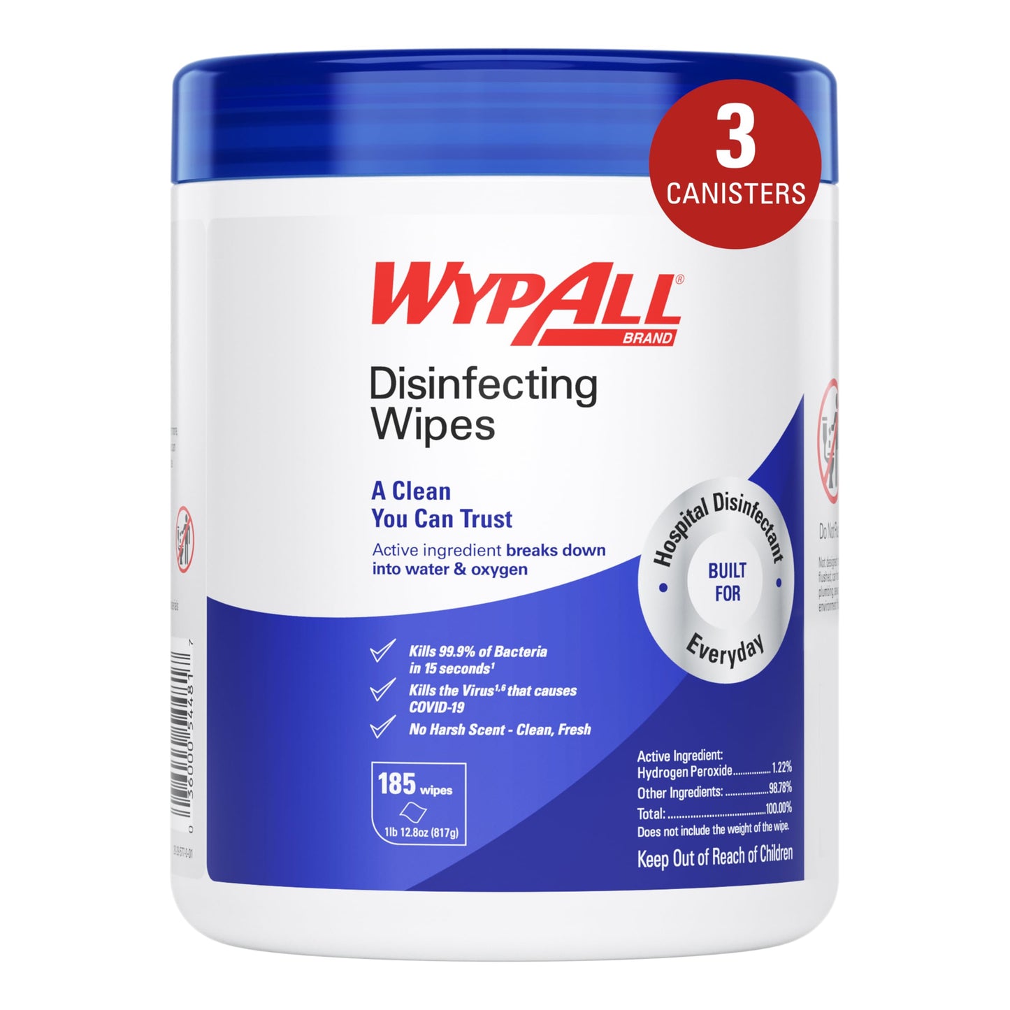 WypAll® Brand Disinfecting Wipes (54481), Hydrogen Peroxide Disinfectant Cleaner for Commercial, Industrial & Healthcare, 5.75"x7" Wipes, Fresh Scent (3 Canisters of 185 Sheets)