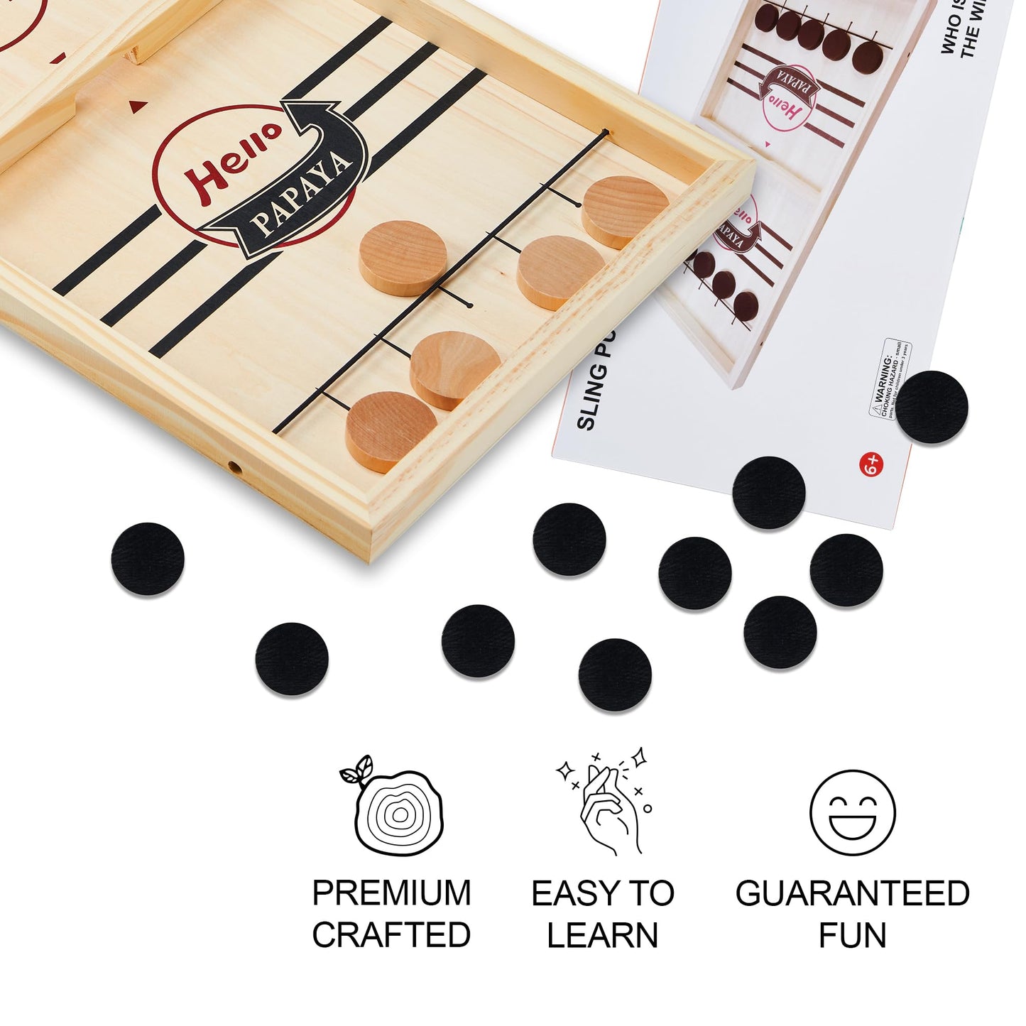 HELLO PAPAYA Fast Sling Puck Game - Test Your Speed and Accuracy with This Fast-Paced Wooden Air Hockey Desktop Battle Board Game - Guaranteed Fun Gifts for Family Night or Friends Party