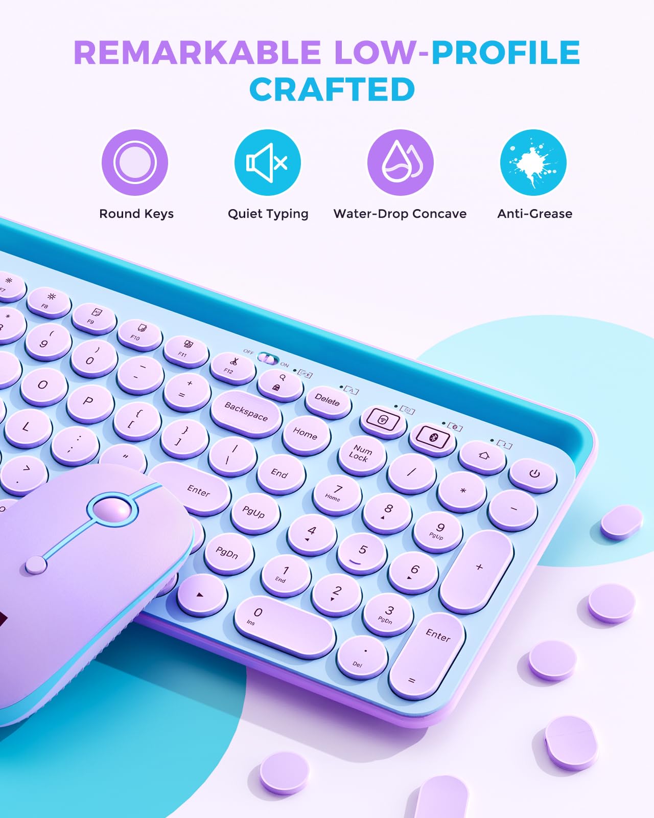 seenda Bluetooth Keyboard and Mouse for iPad, Multi-Device Bluetooth + 2.4G Wireless Keyboard Mouse with Tablet Holder for MacBook/Windows Computer, iOS/Andriod Tablet Phone, Blue & Purple