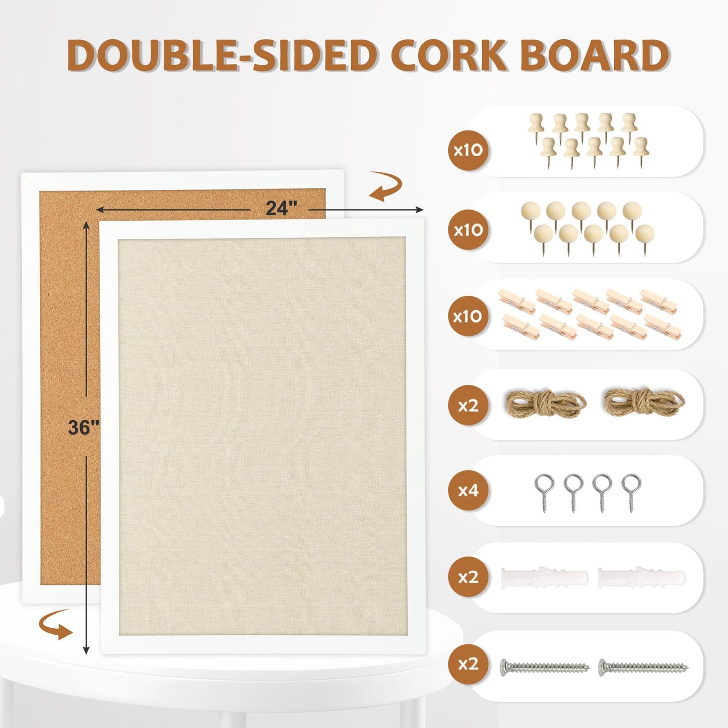AMUSIGHT Double-Sided Large Cork Board with Linen, 36" x 24" Hanging Wood Framed Bulletin Board, Picture Display Vision Board Corkboards for Wall Room School Office Decor, 20 Pushpins,1pack