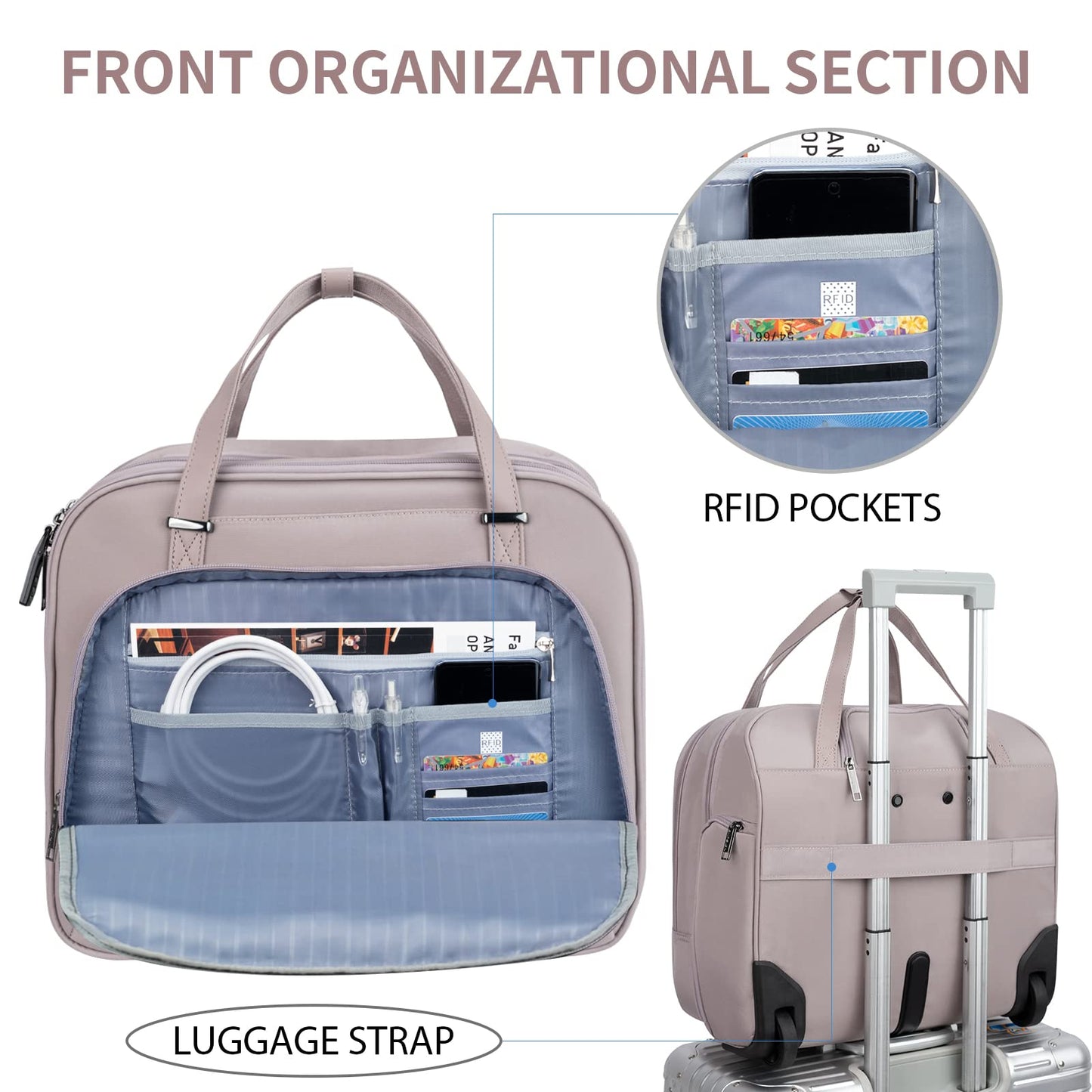 EMPSIGN Rolling Laptop Bag Women with Wheels, Briefcase for Women Fits Up to 15.6 Inch Laptop Briefcase on Wheels, Water-Repellent Overnight Rolling Computer Bag with RFID Pockets, Grey Pink