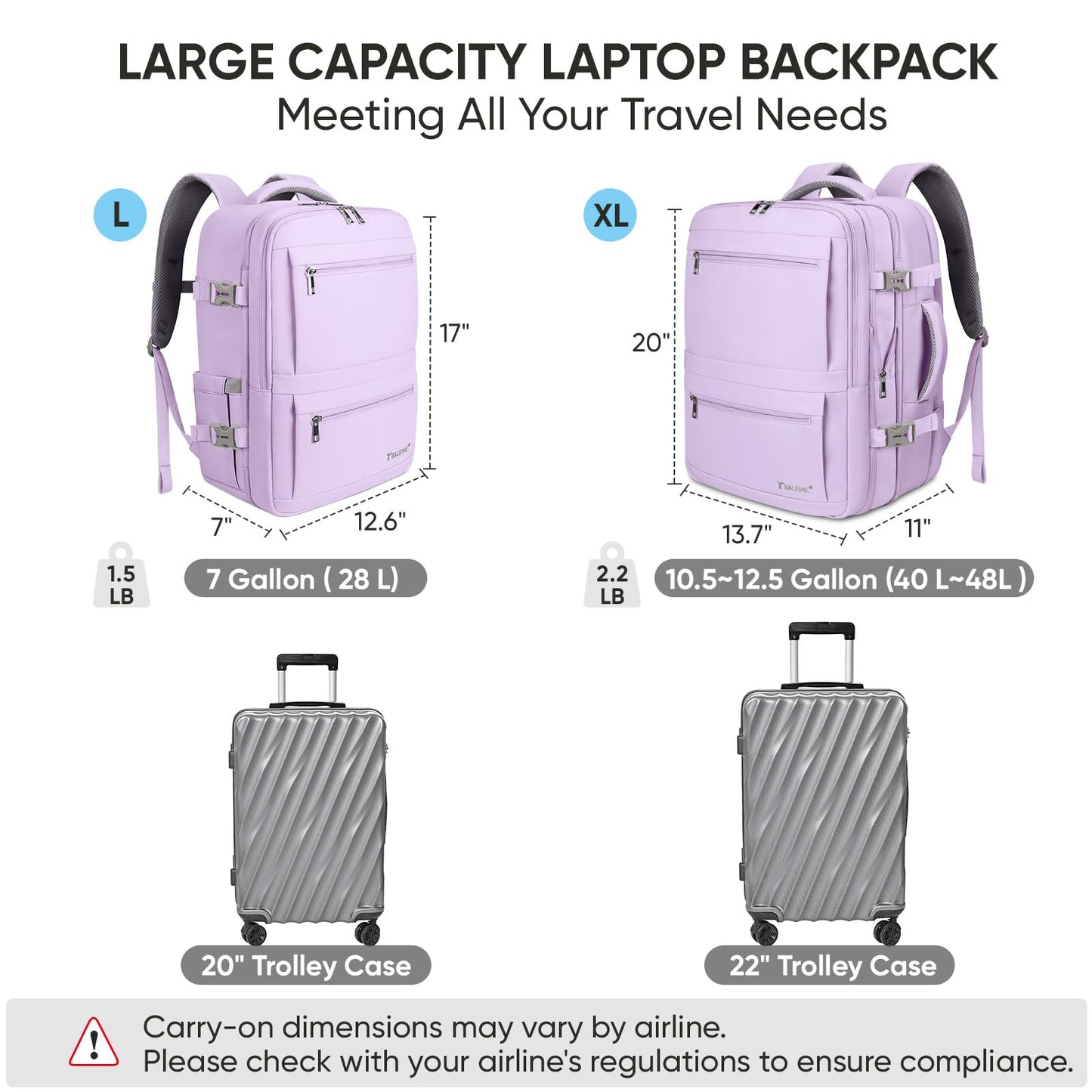 BALEINE Travel Backpack for Women Men, Large Sturdy Carry On Laptop Backpack Gifts for Business, Casual, Weekender, Hiking (XL, Lavender)
