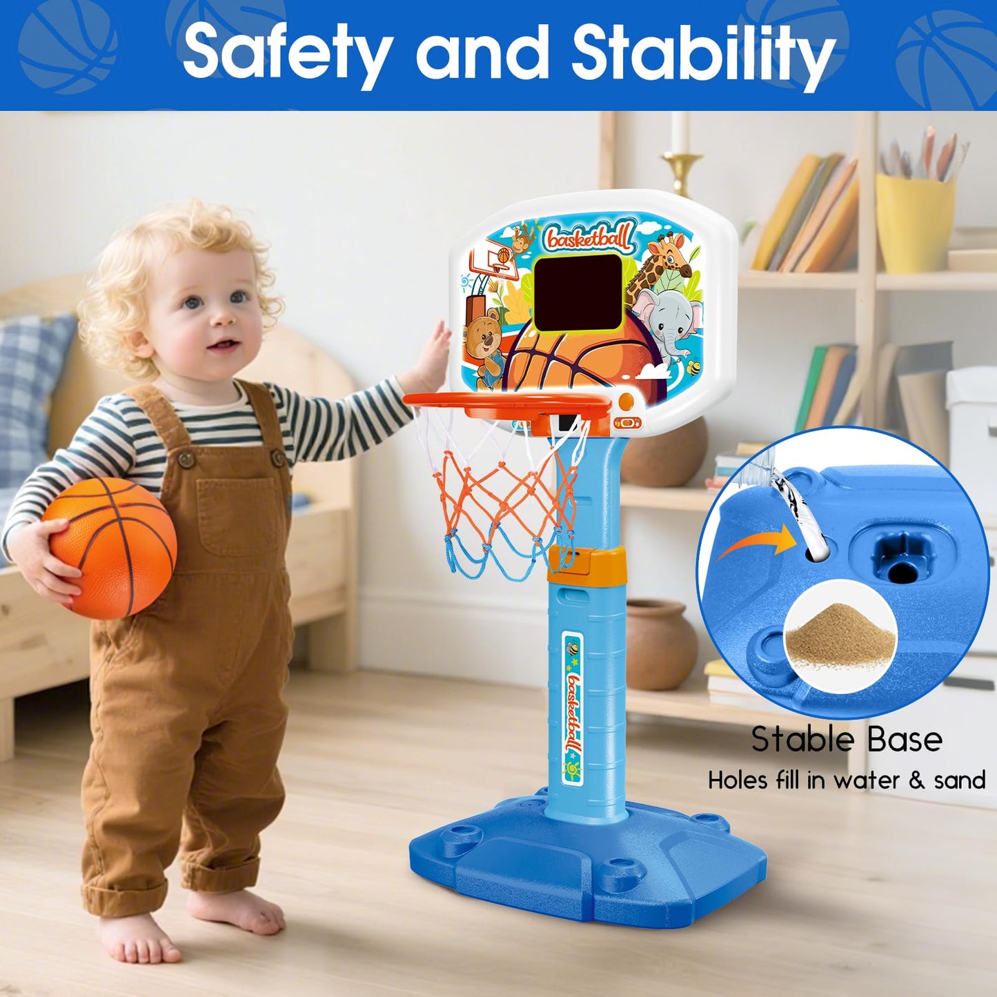 Toddler Basketball Hoop Indoor for Age 1-3, Kids Basketball Hoop with Led Light Scoreboard, Adjustable Basketball Goal with 3 Balls, Outdoor Sport Toy for 1 2 3 4 Year Old Baby Boy Girl Birthday Gift