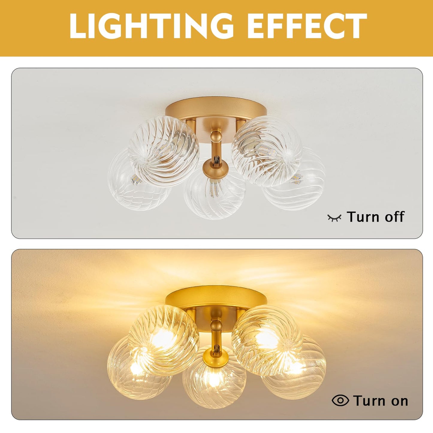 brfaixla Gold Ceiling Bubble Light Fixture Modern 5 Lights Swirled Clear Ribbed Blown Glass Ball Chandelier Semi Flush Mount Lighting Dia 12.6" for Hallway Entryway Kitchen Dining Room