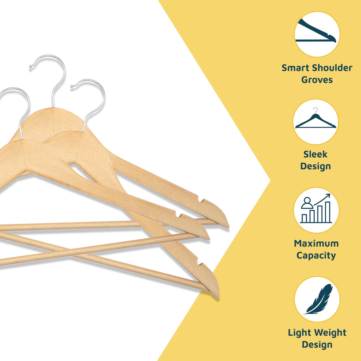 Lifemaster Wooden Hanger Set - 50 Pieces Non-Slip Versatile Closet Space-Saving Hanger Set for Suit, Coat, Camisole, Jacket, Pants, and Dresses with Rotating Swivel Hook - Natural Wood