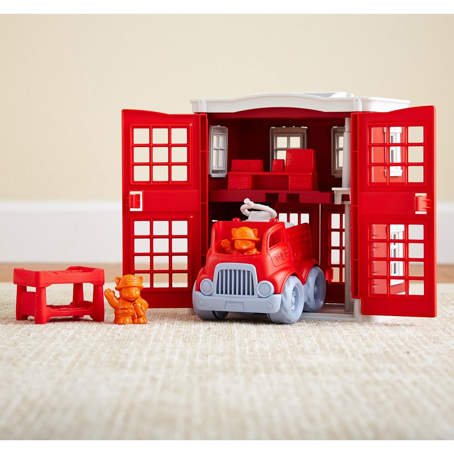 Green Toys Fire Station Playset - 8 Piece Pretend Play, Motor Skills, Language & Communication Kids Role Play Toy. No BPA, phthalates, PVC. Dishwasher Safe, Recycled Plastic, Made in USA.