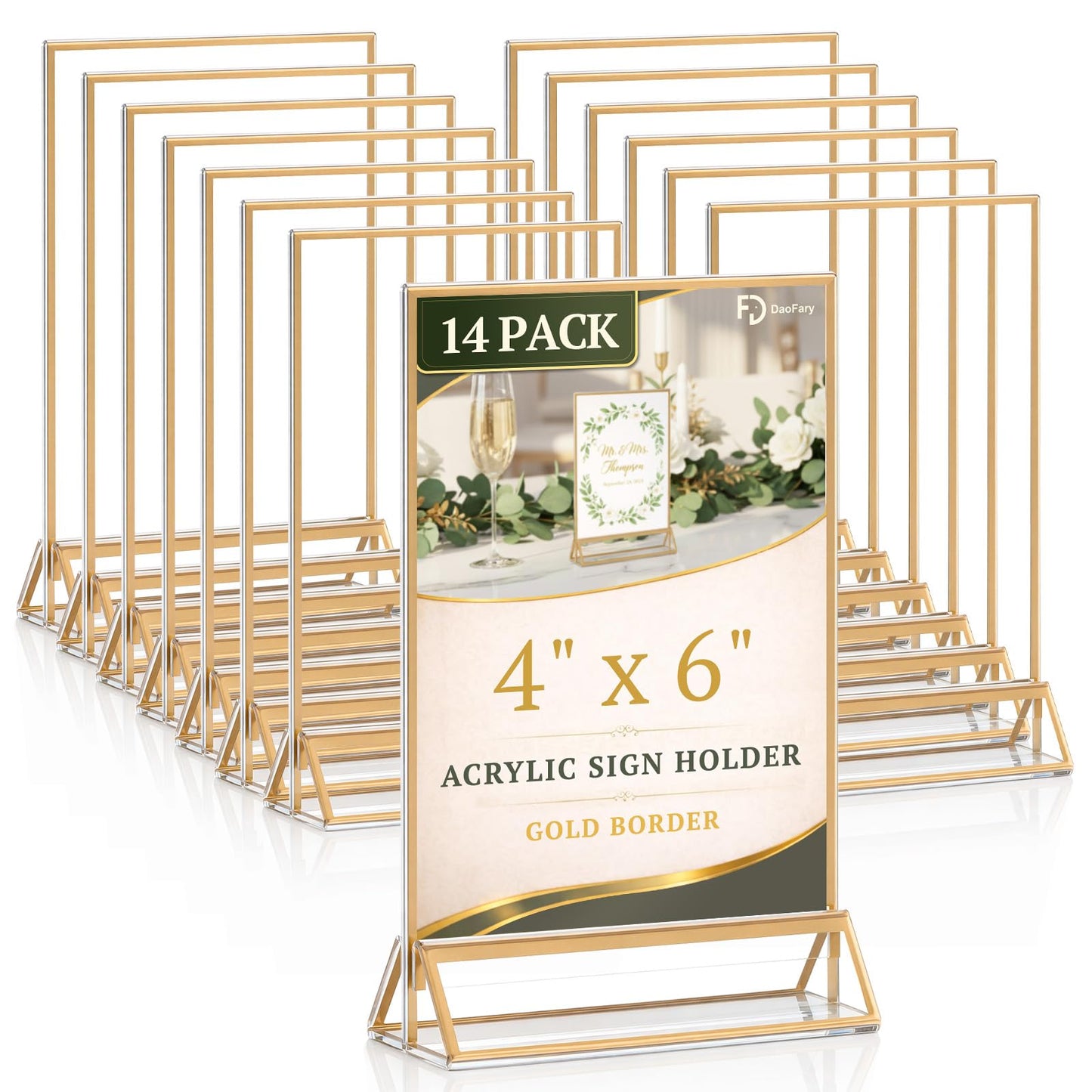 Daofary Acrylic Sign Holder 4x6, 14 Pack Double Sided Clear Gold Frame Tabletop Display, Menu Flyer Table Number Holder for Wedding Reception and Restaurant Tables