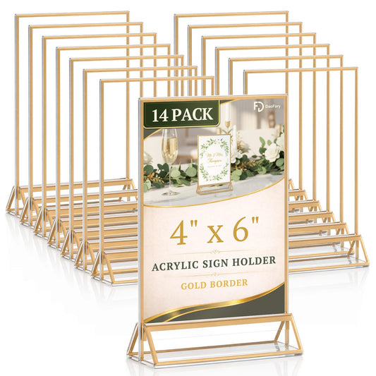 Daofary Acrylic Sign Holder 4x6, 14 Pack Double Sided Clear Gold Frame Tabletop Display, Menu Flyer Table Number Holder for Wedding Reception and Restaurant Tables