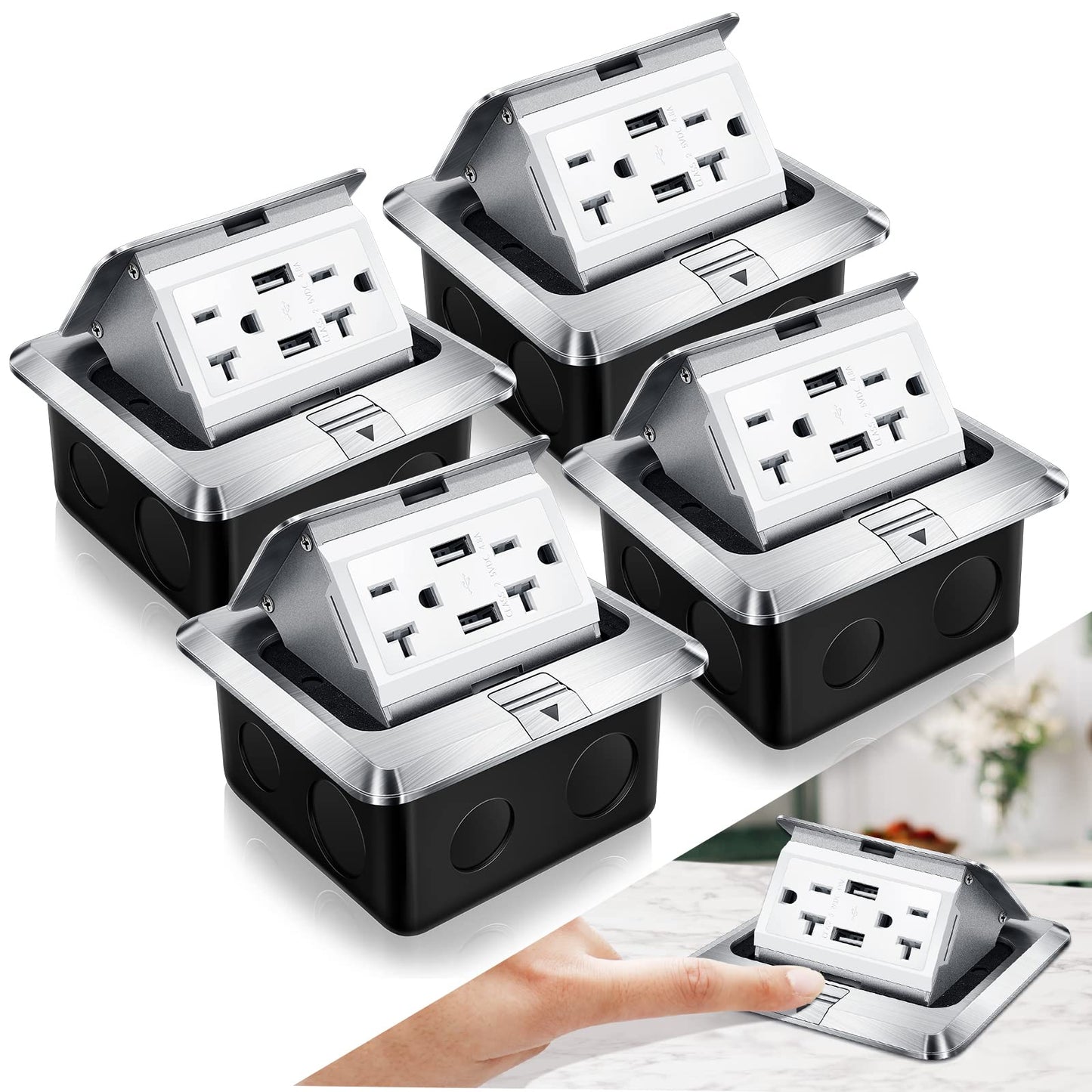 Hoolerry 4 Pack Pop up Floor Electrical Outlet Cover Box Kit with 4.8A USB Charger 20Amp Waterproof Weatherproof Floor Tamper Resistant Outlet Receptacle for Countertop Home (Silver)