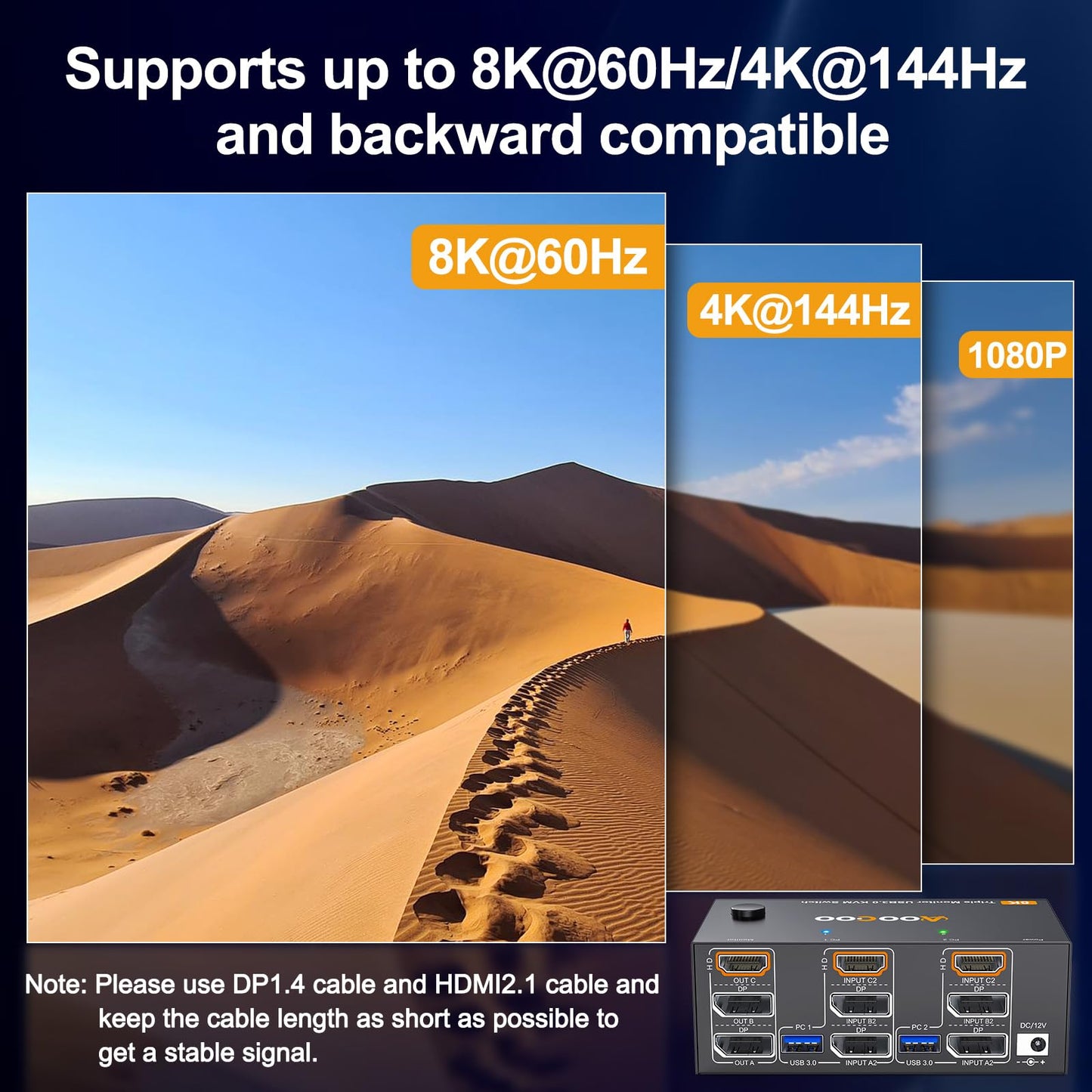 8K@60Hz HDMI2.1 Displayport KVM Switch 3 Monitors 2 Computers 4K@144Hz Triple Monitor KVM Switches with USB 3.0 Port,Wired Remote,Power Adapter and USB3.0 Cables(12cm 2 PC 3 Monitor 8K KVM)