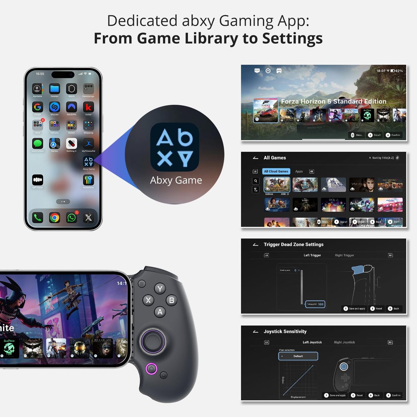 abxylute S9 Gaming Phone Controller for iPhone 15/16, iPad 6/7 and Android Phone Tablet, Bluetooth and Type-C Mobile Gamepad with App, for Roblox, Genshin Impact, Call of Duty, Hall Joystick &Trigger, Handheld-Quality Black