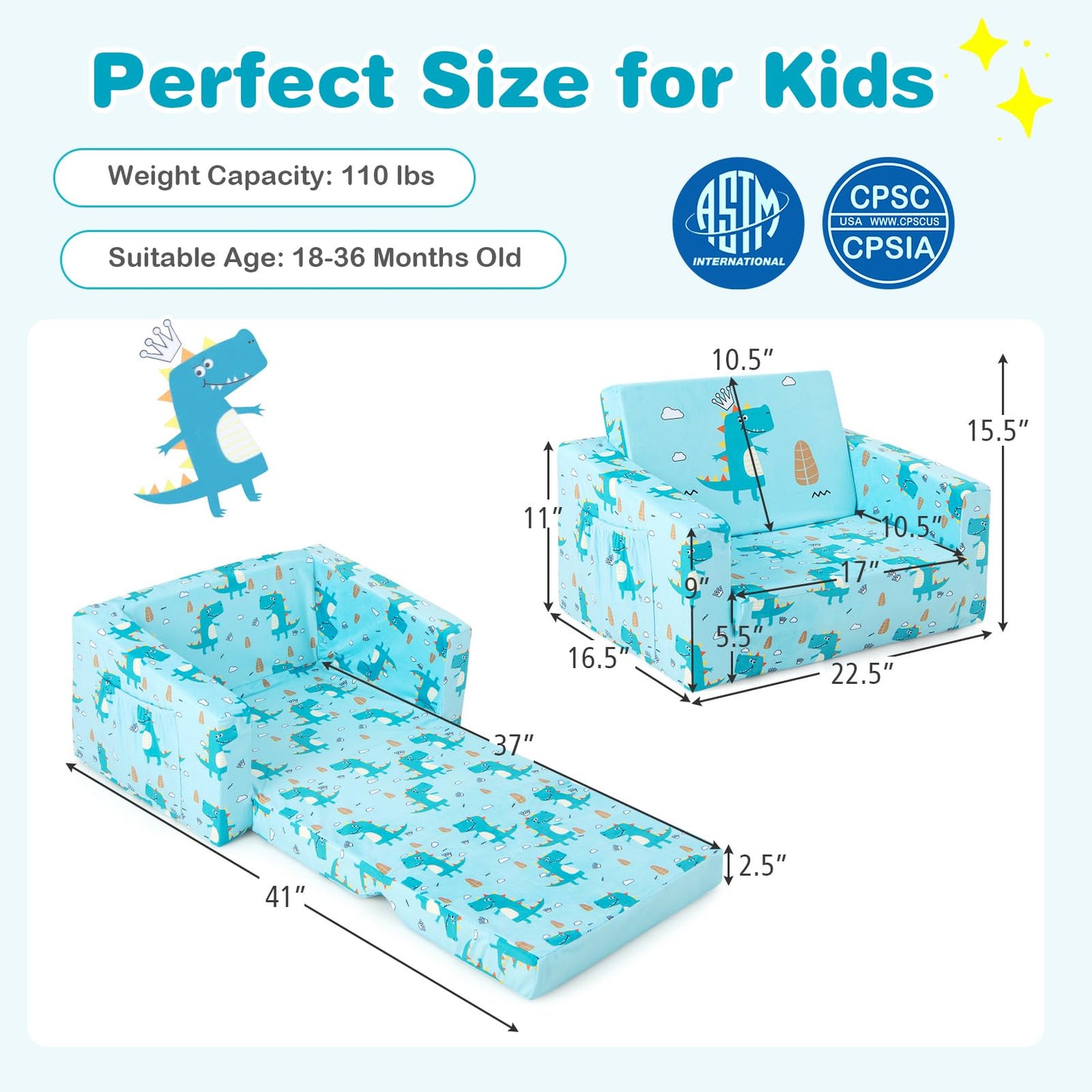 Costzon Kids Couch, 2 in 1 Flip Open Children's Sofa w/Velvet Fabric, Storage Pockets, Toddler Armrest Chair Bed for Nap Play Sleep, Ideal Gift for 0-4 Years Old Baby Boys Girls, Crocodile