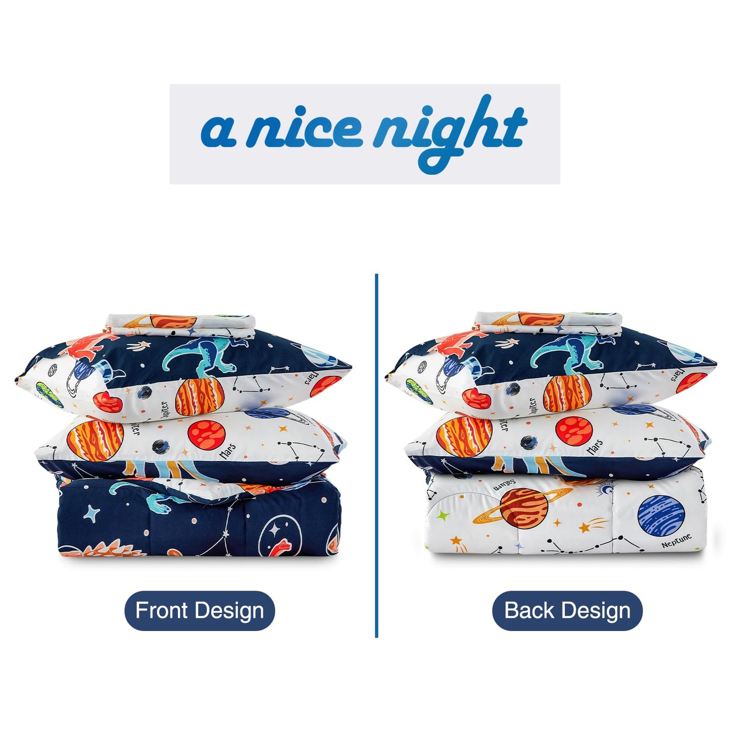 A Nice Night 5pc Glow in The Dark Kids Comforter Set,Dinosaur Galaxy Printed, Space Bedding Set Full Size for Boys Girls Teen