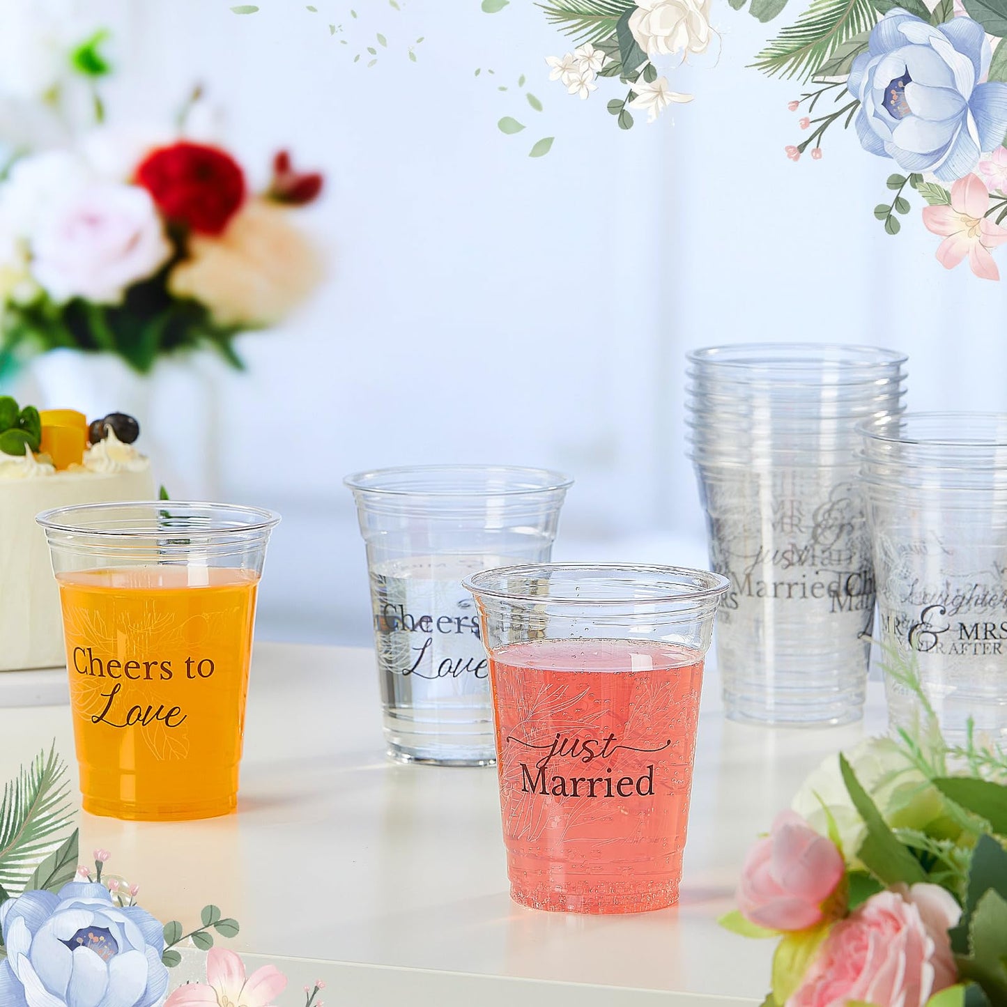 Jingmore 200 Pcs Wedding Plastic Cup 12 oz Wedding Disposable Cups for Reception Thick Clear Cup Happily Ever After Mr and Mrs Just Married Cups for Bridal Shower Decorations (White Floral)
