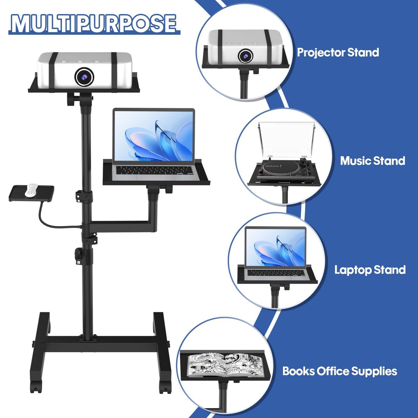 GSOW 2 Shelves Projector Stand, Height Adjustable to 47 Inches, Mobile Laptop Cart on Wheels, Heavy Duty Projector Tripod Stand, Rolling Laptop Floor Stand for Bedside, Office, Home, Game Room