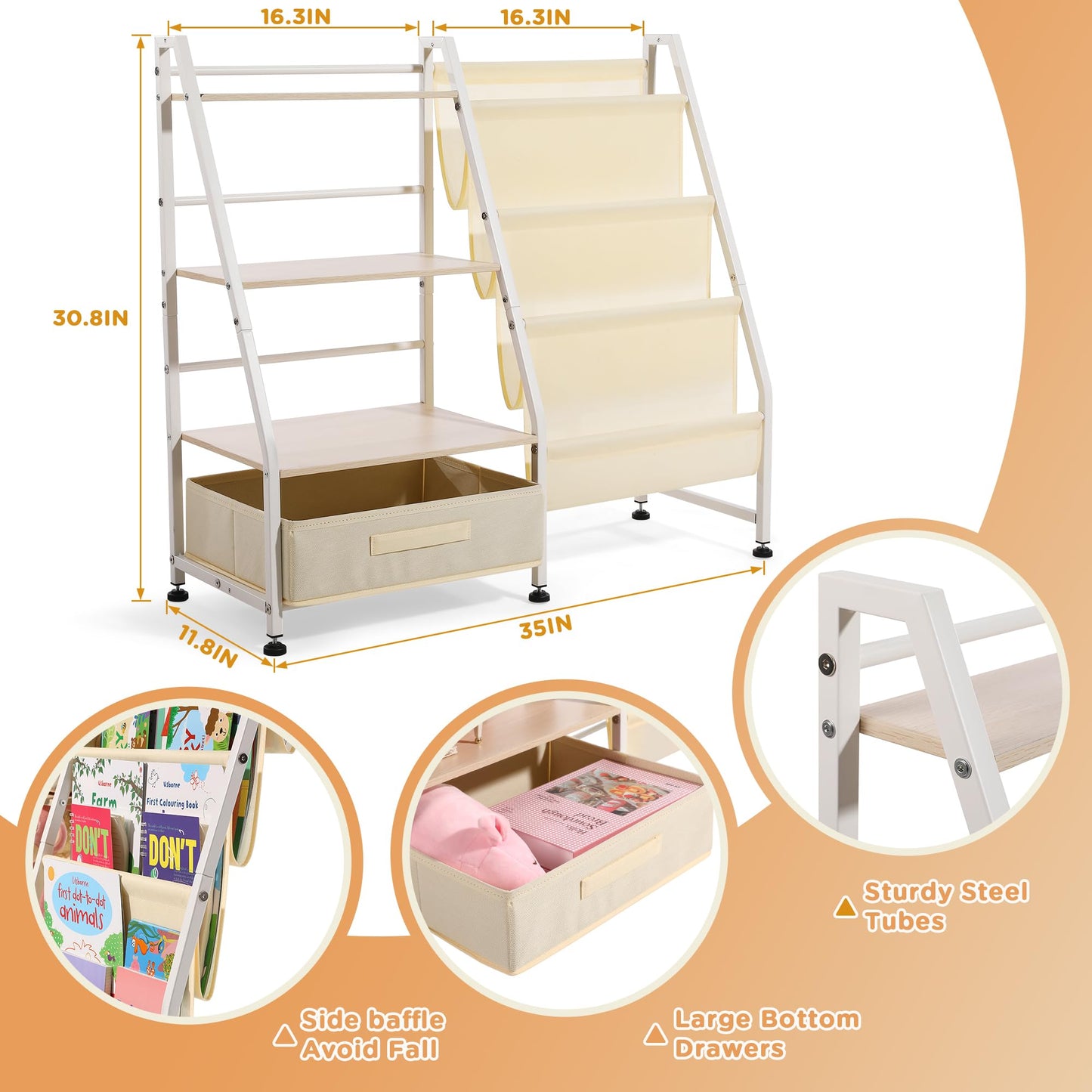 Vsonker Kids Bookshelf and Toy Storage-Book Shelf for Kids Rooms，Toddler Bookshelf Baby Bookcase with 4 Sling Shelves & Fabric Toy Chest Toy Organizer for Playrooms, Bedrooms, Nursery