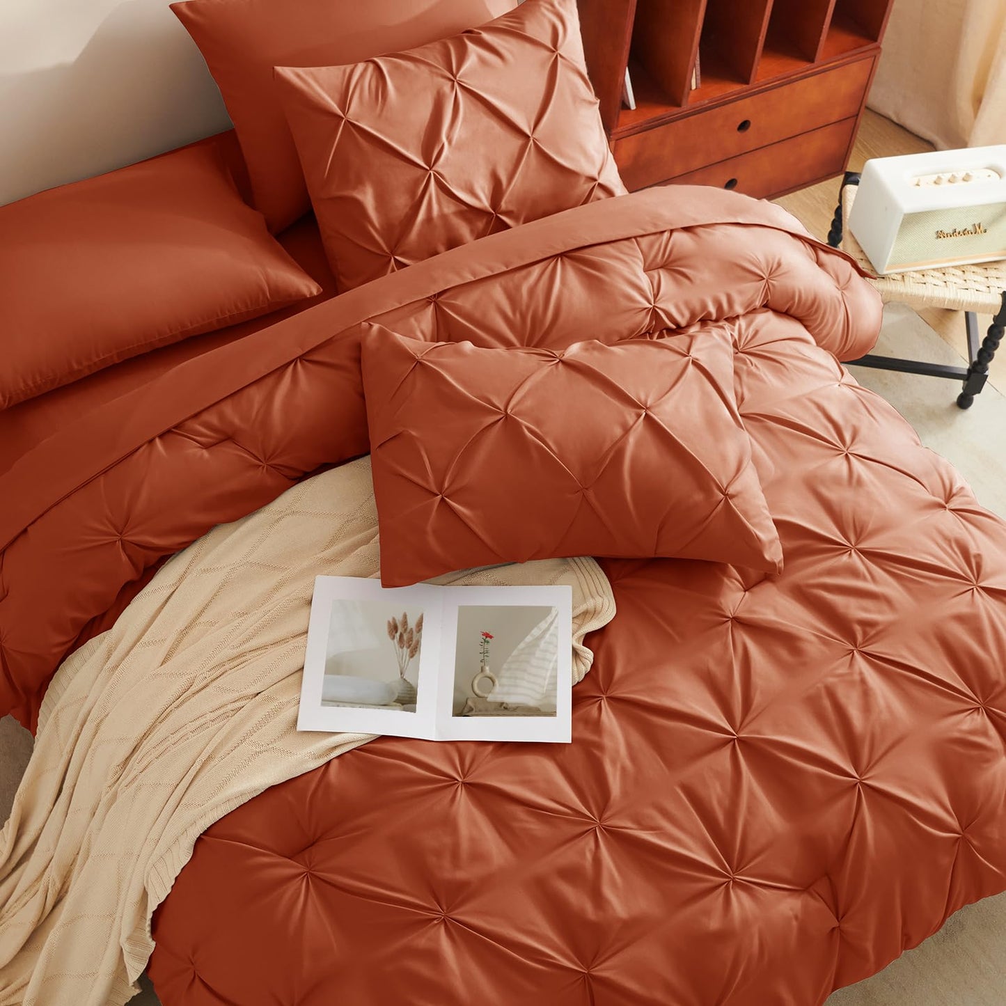 HIMEET Queen Comforter Set Burnt Orange - 7 Pieces Pintuck Bed in a Bag, Pinch Pleat Modern Room Decor, All-Season Soft Bedding Gift with Comforter, Sheets, Pillowcases & Shams