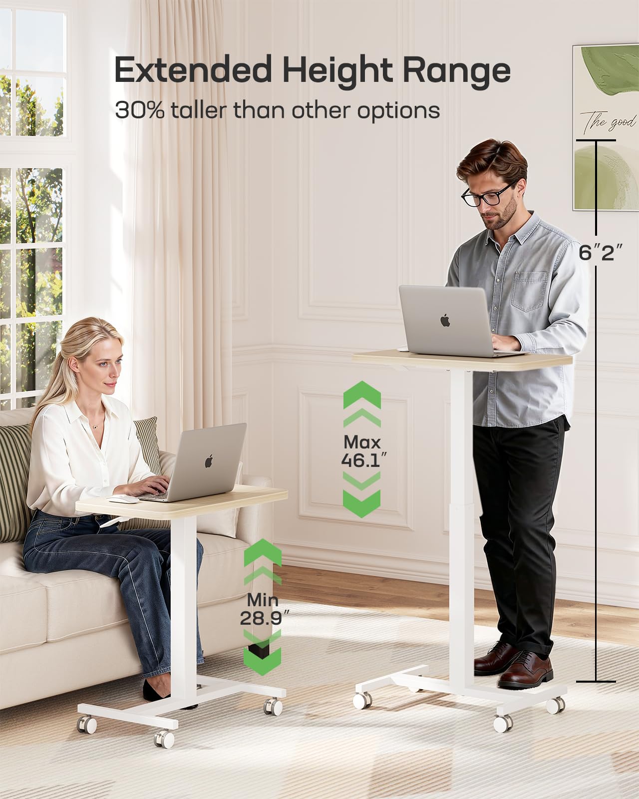 Marsail Mobile Standing Desk, Wider Height Adjustable Computer Desk, Rolling Sit Stand Desk with 4 Lockable Wheels, Ergonomic Desk for Home Office and Classroom, Natural