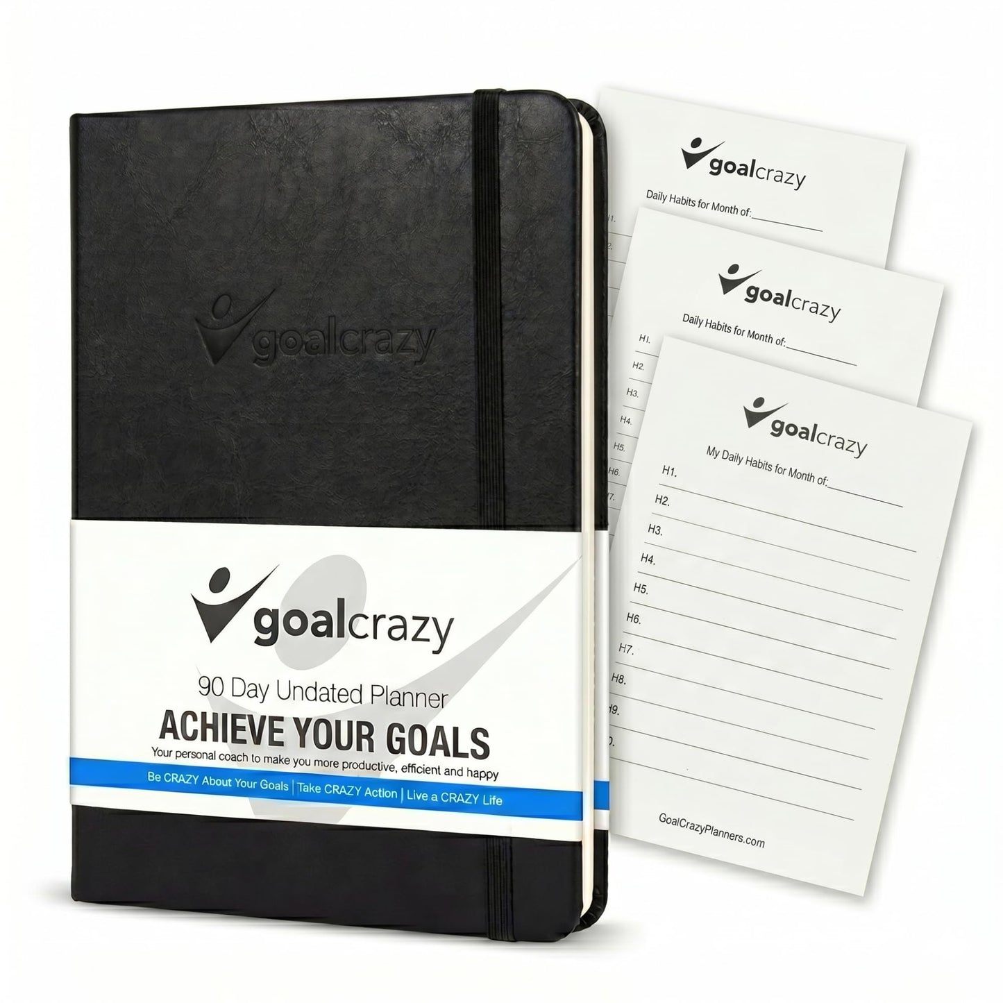 Goal Crazy Undated Planner – 90 Day Guided Journal & Productivity Organizer, A5 Daily & Weekly Planner with Goal Setting, Habit Tracker, To Do List, Academic & Work Calendar, Leather Hardcover - Black
