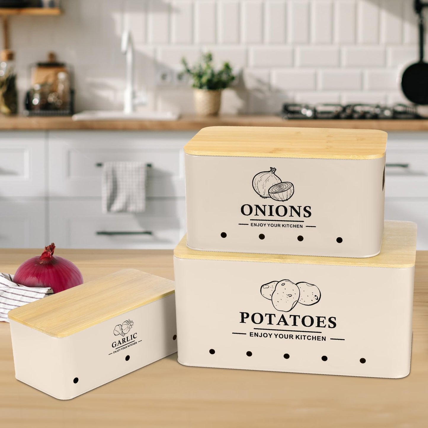 Dekosilave Kitchen Vegetable Storage Set of 3, Metal Onion Garlic Potato Storage Set, Kitchen Canisters Vegetable Keeper Containers with Aerating Holes and Wooden Lid (Beige)