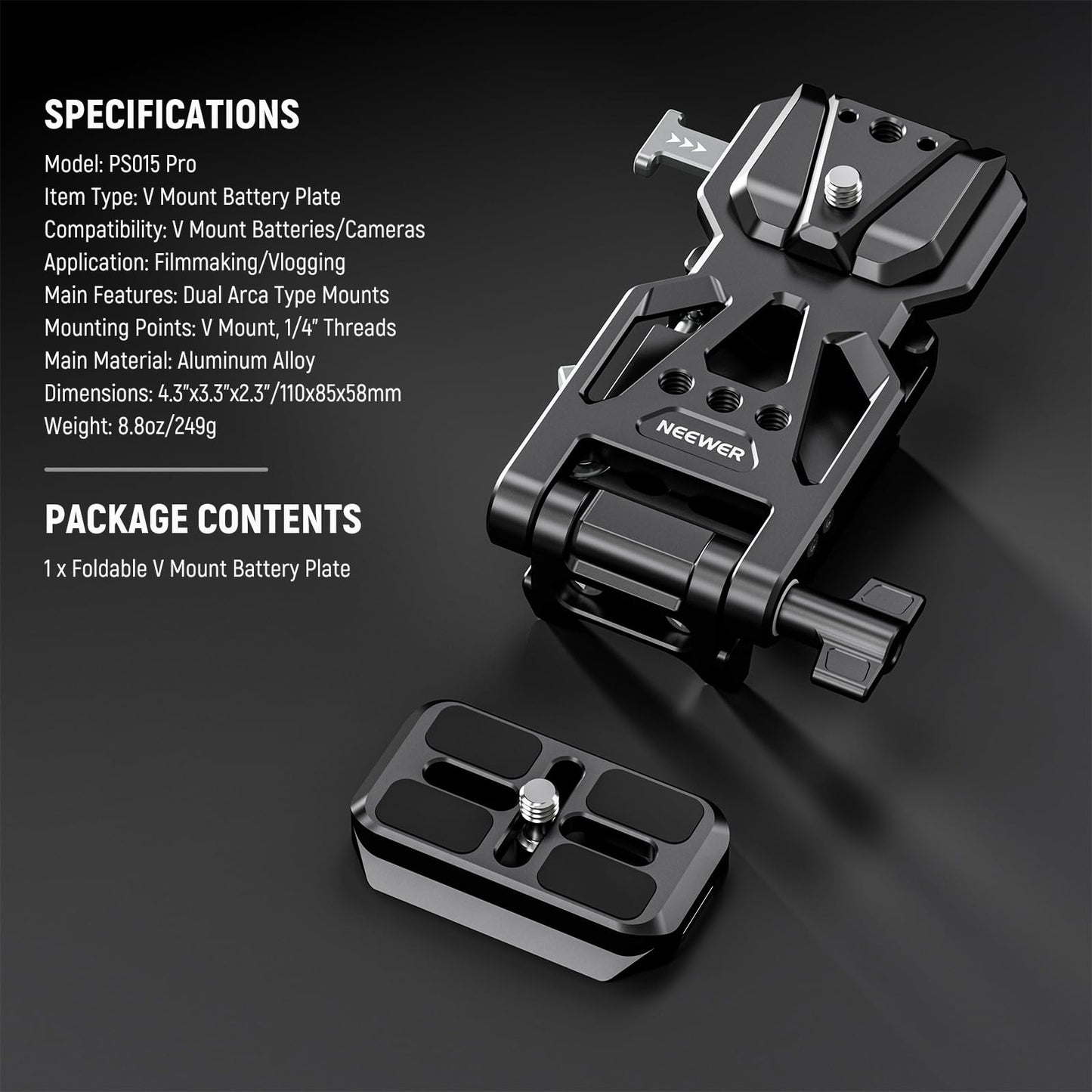 NEEWER Foldable V Mount Battery Plate with Arca Type Quick Release Camera Baseplate, Lightweight DSLR Camera Video Rig Compatible with SmallRig V Mount Battery Cage DJI RS4 RS3 Gimbal, PS015 PRO