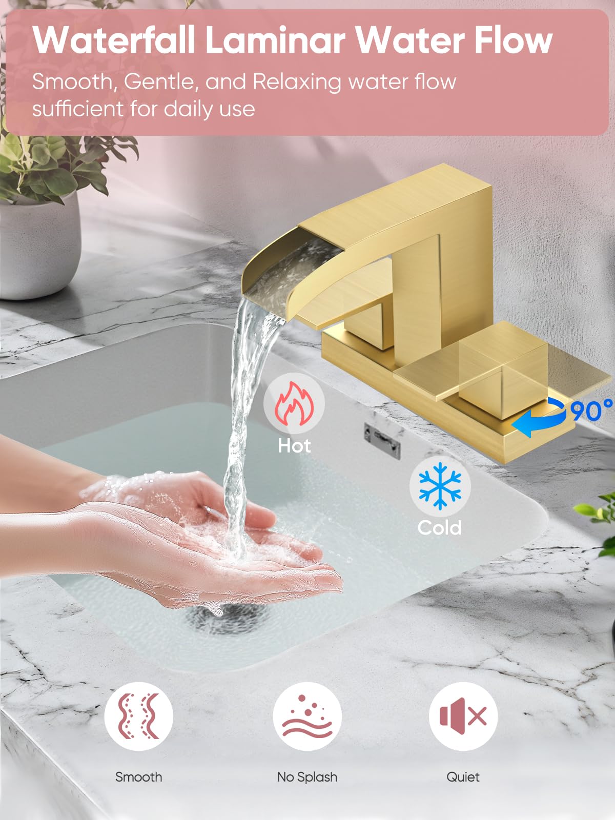 Cobbe Waterfall Bathroom Faucets 3 Hole, Brushed Gold Bathroom Sink Faucet Square 4 Inch Centerset with Pop-Up Drain, 2 Handle and 2 Supply Hoses, Lead-Free Stainless Steel for Vanity Sink Rv