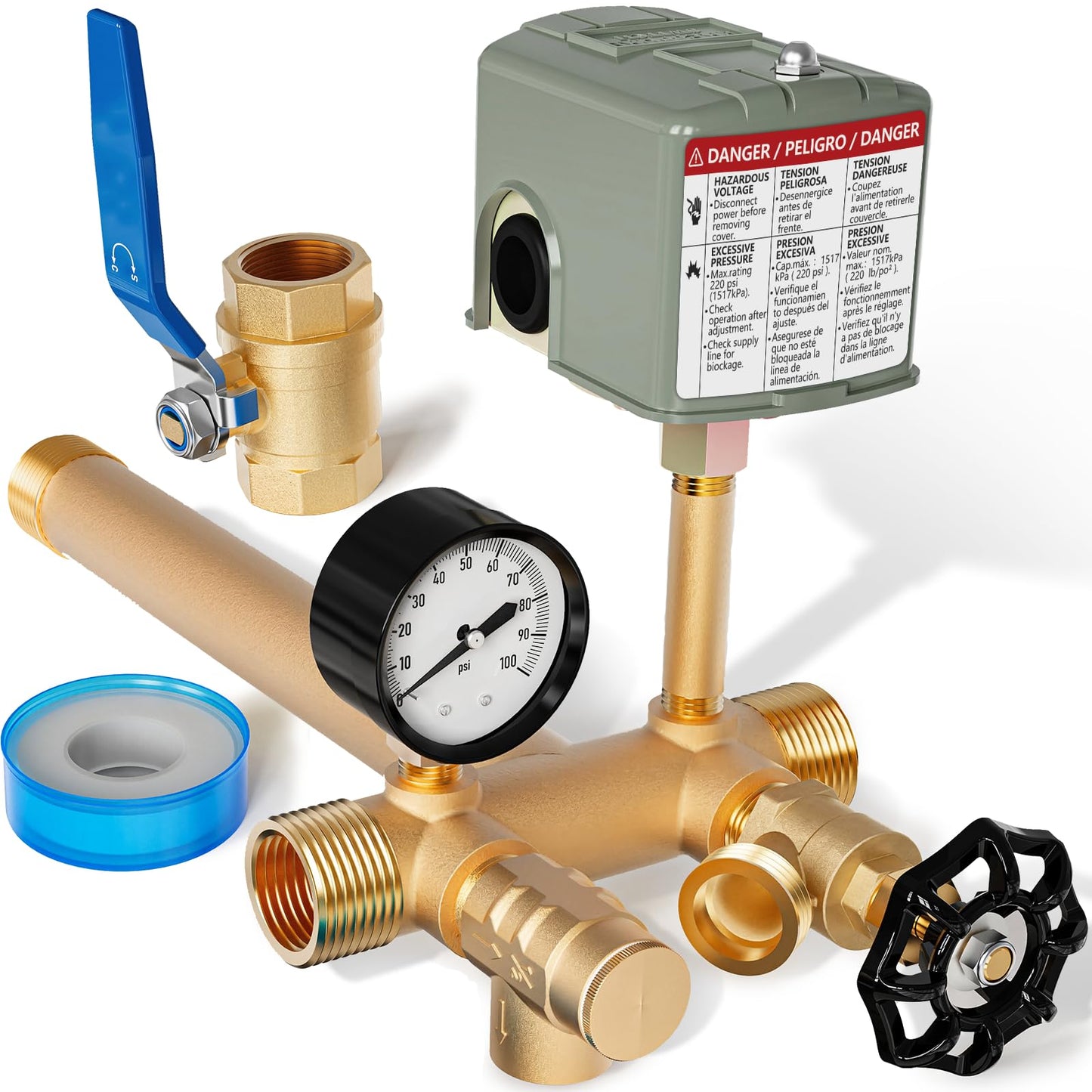 Pressure Tank Tee Kit 1"x 11" with 40-60psi Well Pressure Switch and Pressure Gauge Water Pressure Tank Kit, Brass, fit Most Tanks with Diameters up to 16"
