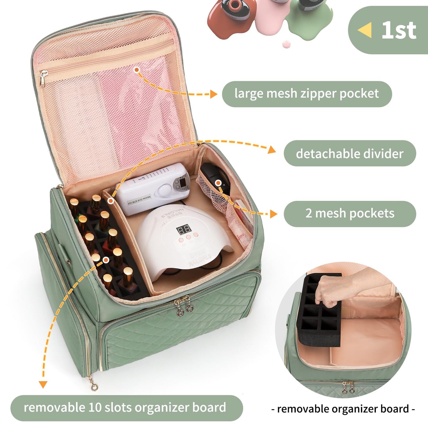 Extra Large Nail Polish Organizer Case Holds 86 to 100+ Bottles Nail Polish & Nail Lamp, Nail Supplies Storage Carrying Bag with 2 Removable Pouches, Portable Nail Tech Travel Box (Green, 86 Slots)