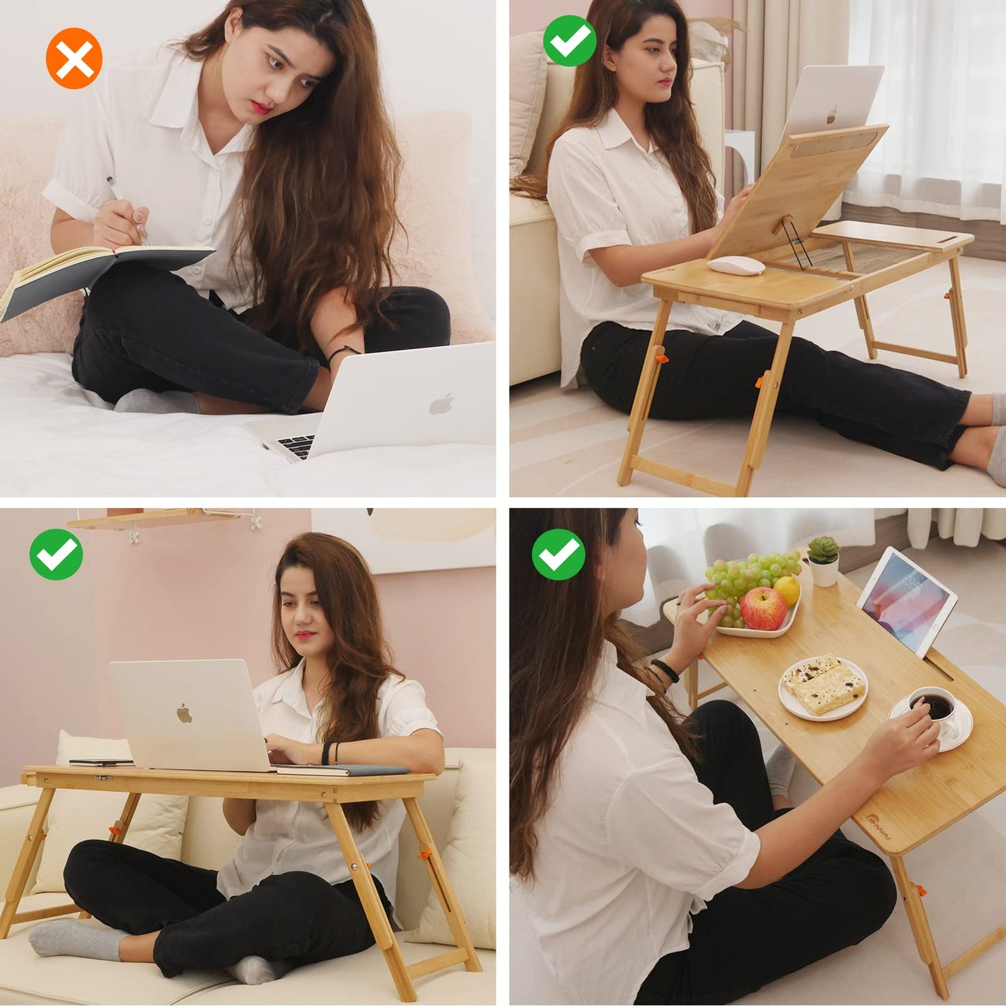 Lap Desk COIWAI Laptop Table Bamboo Writing Eating Bed Tray Adjustable Angle Height Foldable Desk Tray with Tablet Slot Drawer Breakfast Coffee Tea Table for Sofa Couch Floor Large Size
