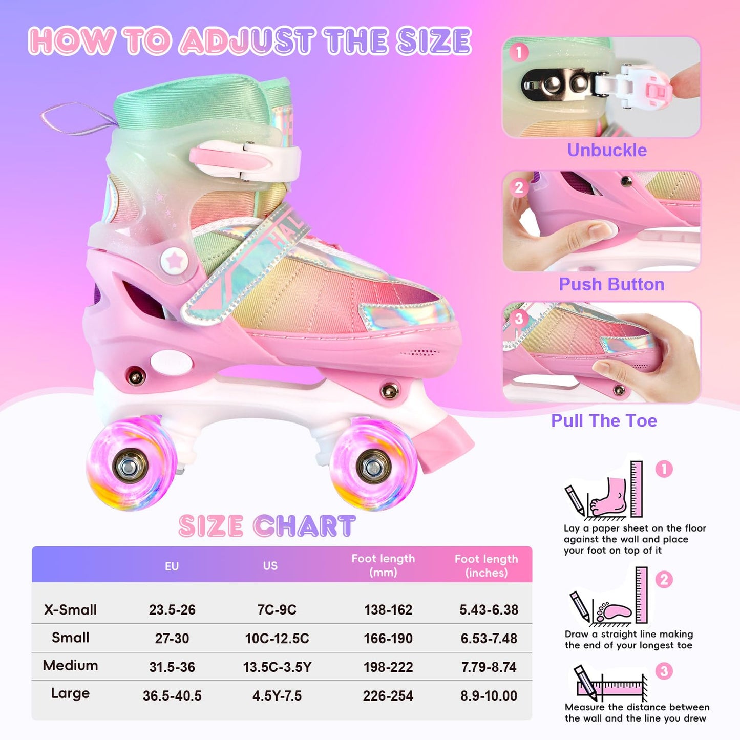 HALOSK Girls Roller Skates for Kids Beginners Ages 6-12, Pink Rainbow Adjustable Quad Rollerskates for Youth with All Light up Wheels Skating Shoes for Outdoor Sports