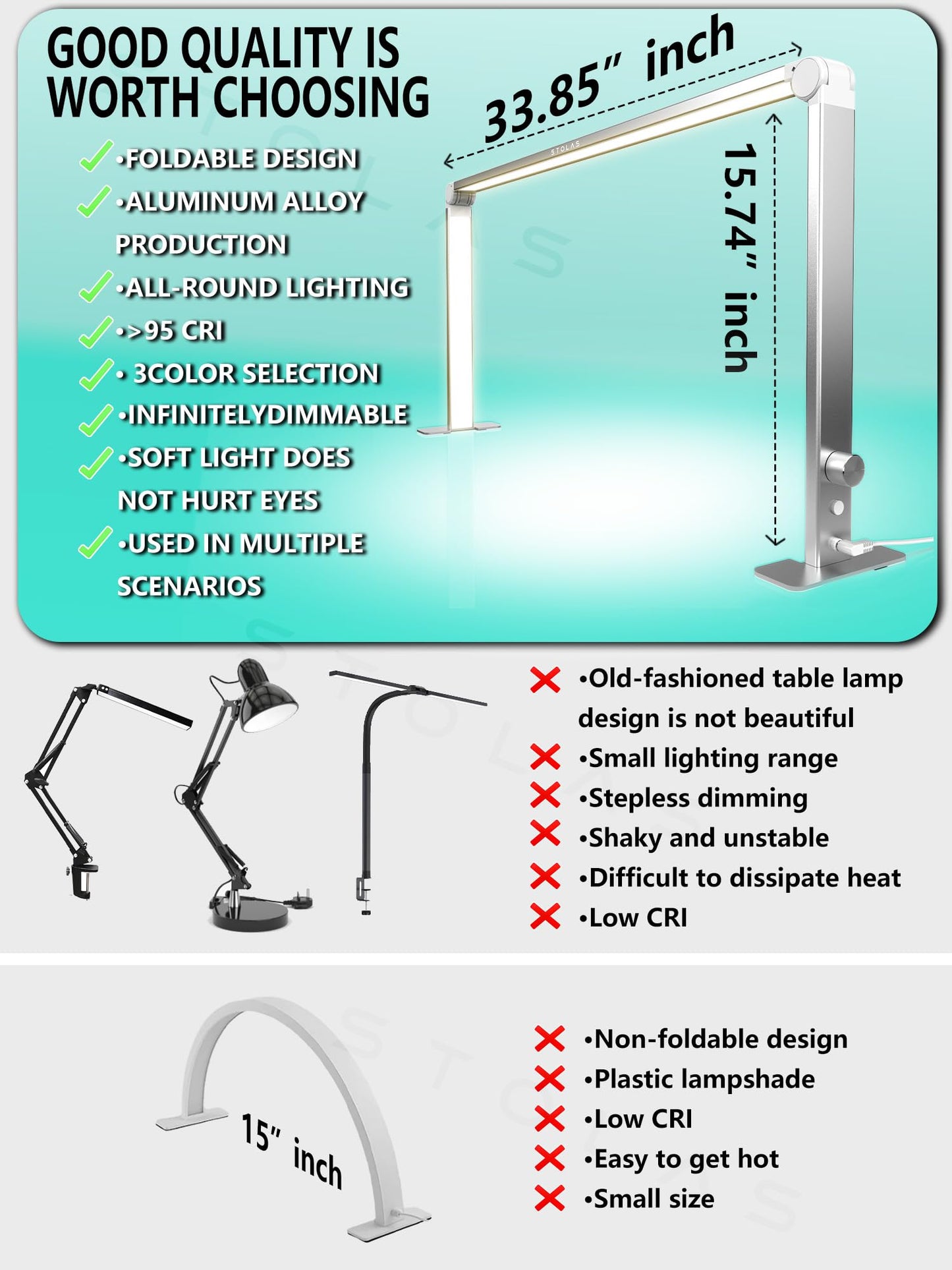 STOLAS Nail Tech Lamp for Desk, 15inch Height, 3 Modes 4000K-6000K Dimmable LED Manicure Lamp, Desk Light for Nail Tech, Lash Eyelash Extension, Tattoo, Eyebrows