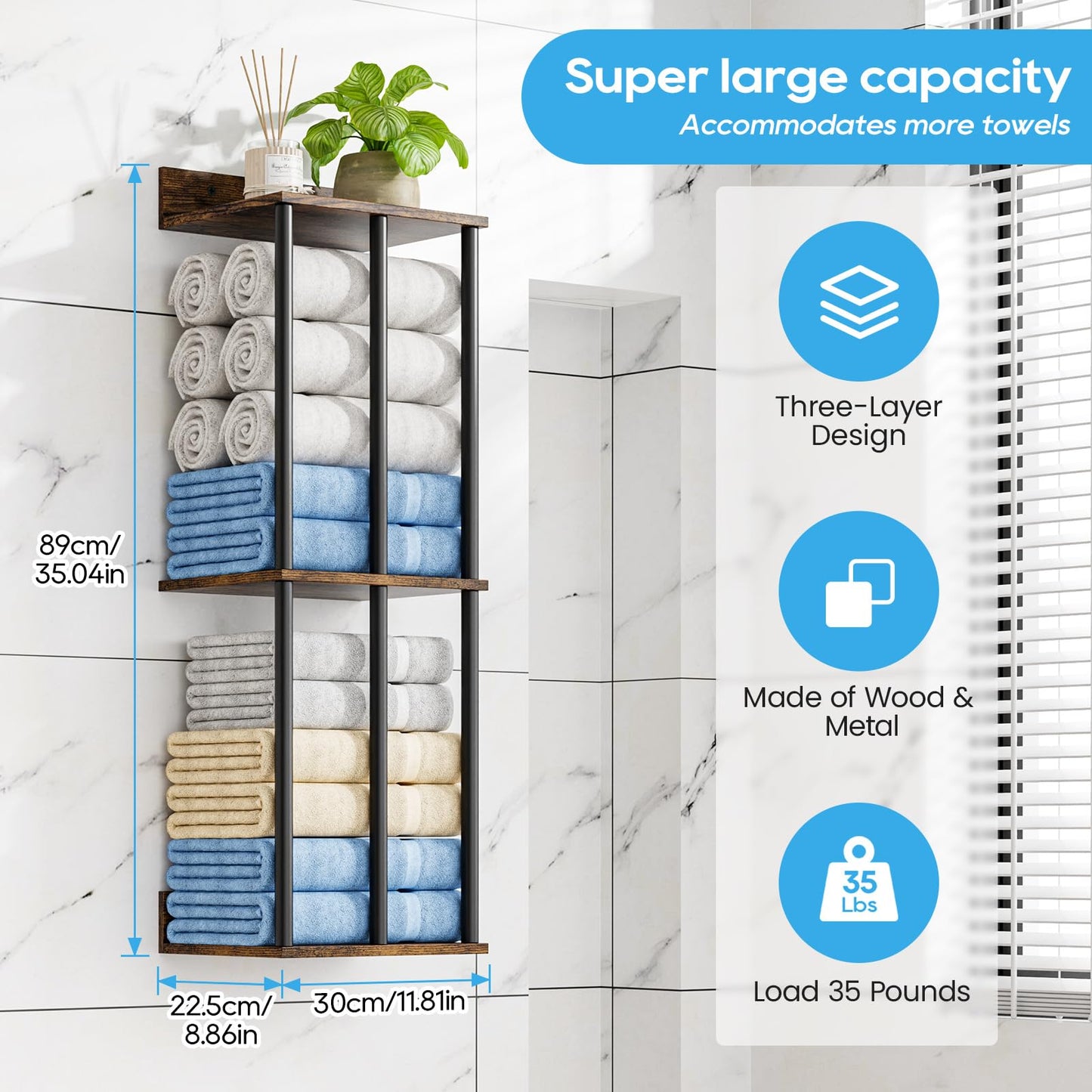 WeGXY Towel Racks for Bathroom Wall Mounted with Wooden Storage Shelf, Updated 3 Bar Metal Towel Holder for Rolled Towels, Sturdy and Large Capacity, Towel Storage Organizer