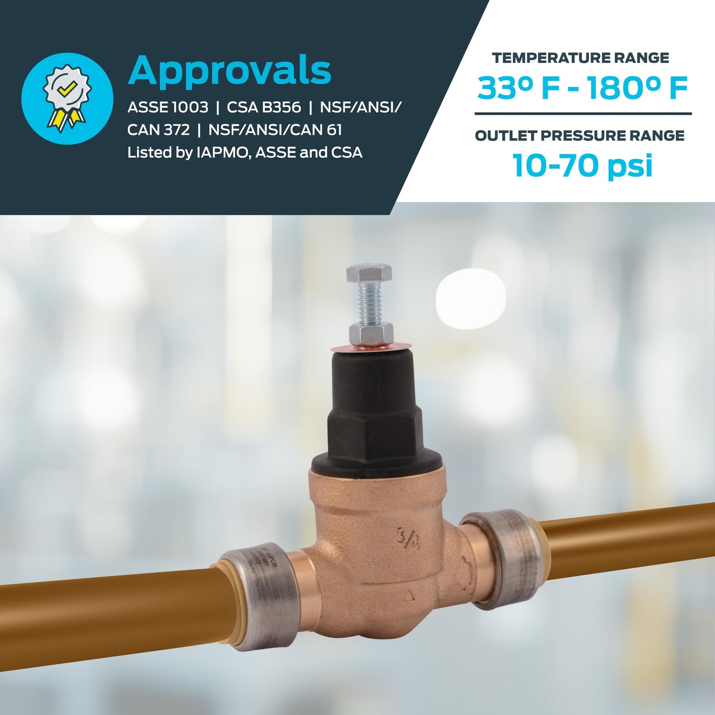 SharkBite 3/4 Inch EB45 Direct Pressure Regulating Valve, Push to Connect Brass Plumbing Fittings, PEX Pipe, Copper, CPVC, PE-RT, HDPE, 23808-0045