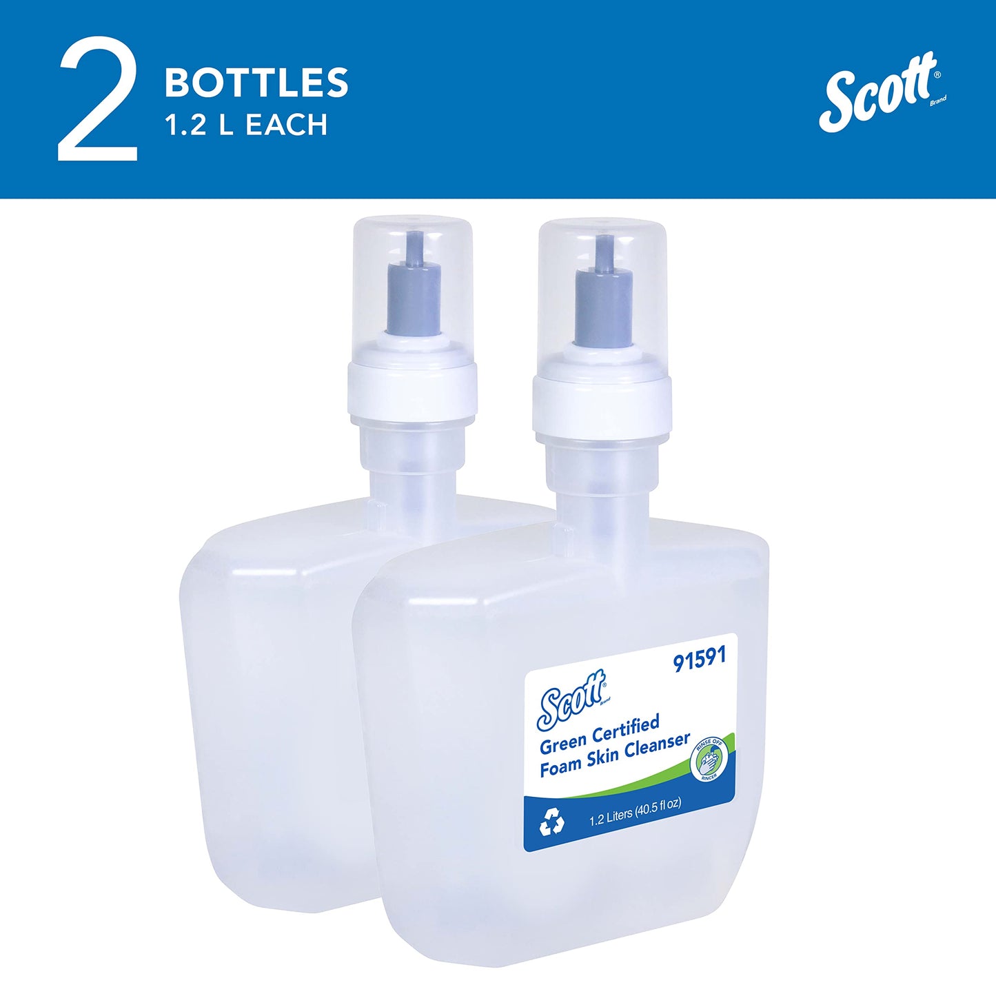 Scott Professional Green Certified Foam Hand Soap (91591), 1.2 L, Foaming, Clear, No Fragrance Added, Ecologo, NSF E-1 Rated, Automatic Refills (2 Bottles)