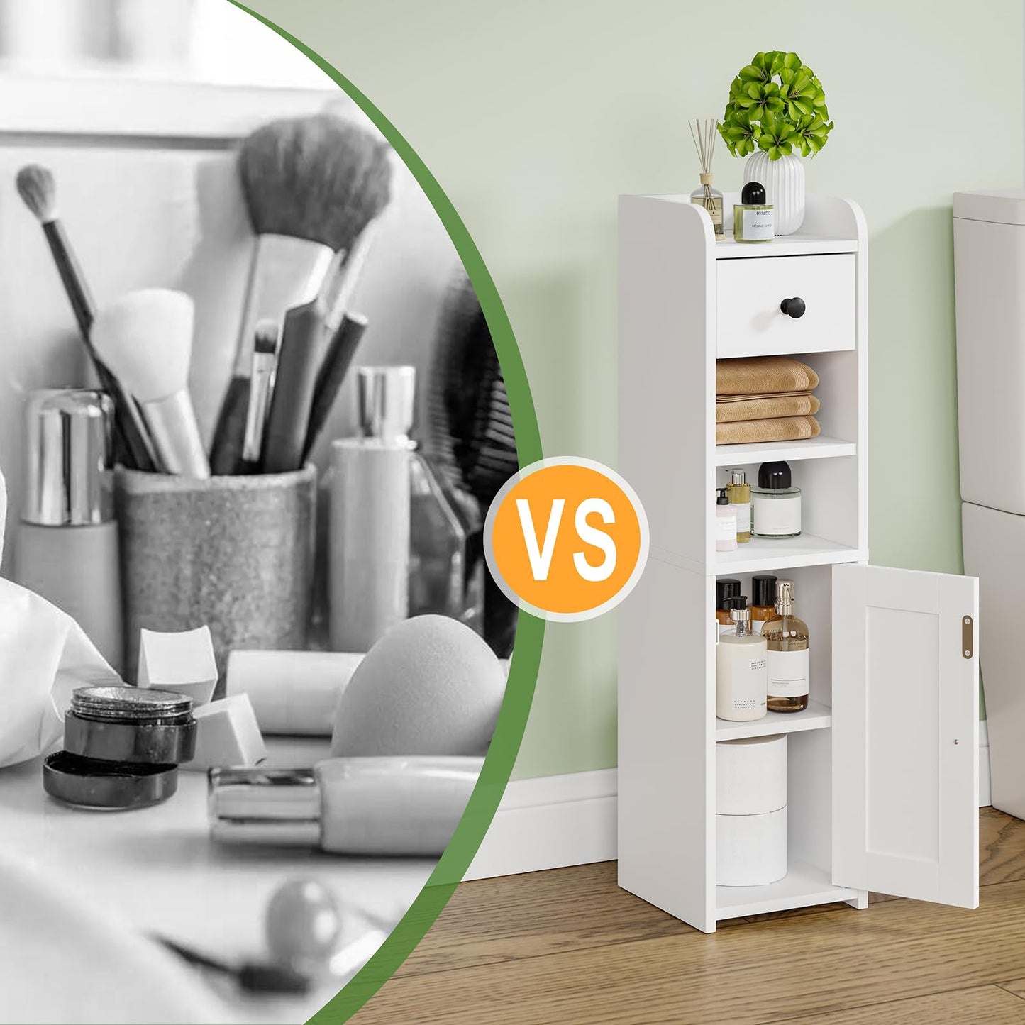 Lomojo Small Bathroom Storage Cabinet,Narrow Toilet Paper Holder,Corner Floor Cabinet with Doors and Drawer for Small Space,Adjustable Shelf Organizer,7.75L*7.75D*29.6H(White)