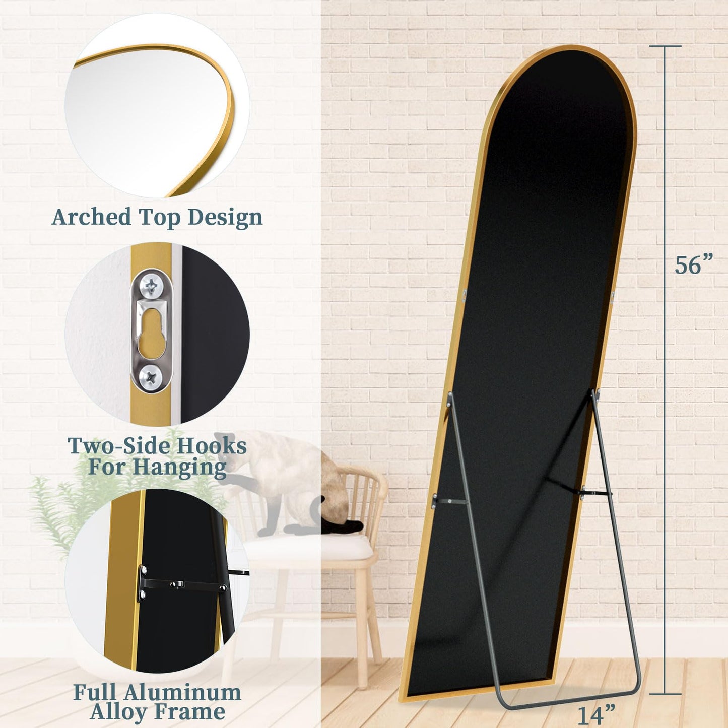 Coomily Full Length Mirror with Stand, 56"x14" Arched Full Body Mirror, Large Stand Up Aluminum Frame Floor Freestanding Hanging Leaning Mounted for Bedroom Living Room Entryway Gold