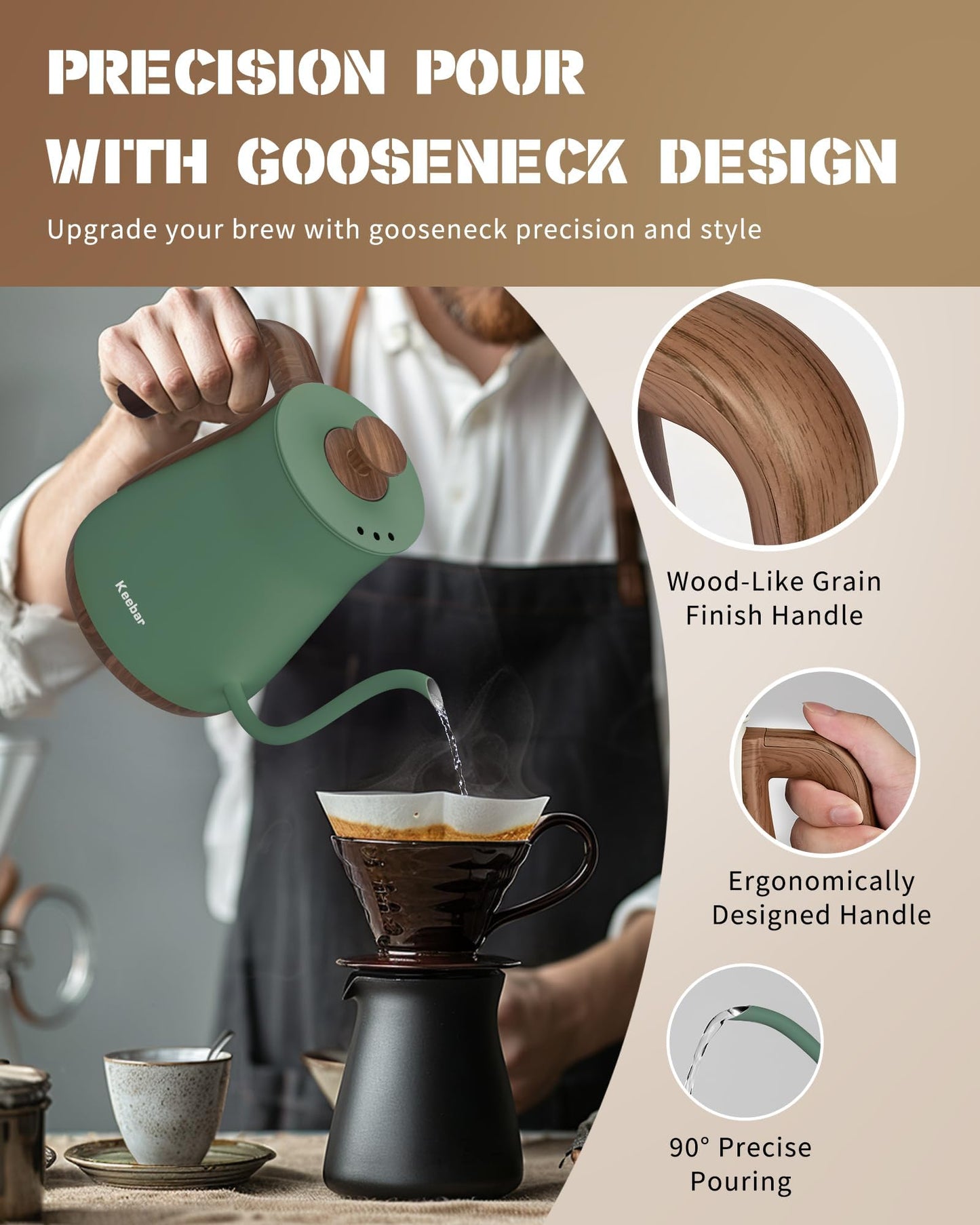 Electric Kettle, 1000W Quick Heating Gooseneck Kettles, 0.8L/27.05oz, 0.8mm Ultra-Fine Spout, Precise Water Flow Control, 304 Stainless Steel Inner, Auto Shut-Off, Boil Dry Protection, Matte Green