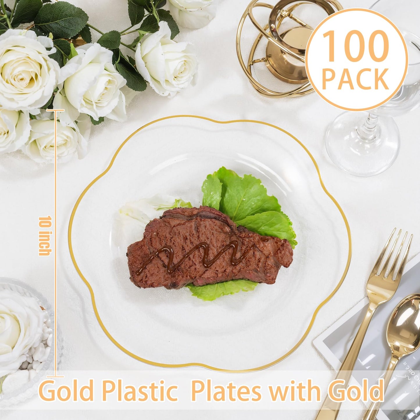 Liacere 100PCS Clear Plastic Plates - 10inch Disposable Floral Clear and Gold Dinner Plates - Perfect for Wedding & Party & Holiday & Floral & Baby Show