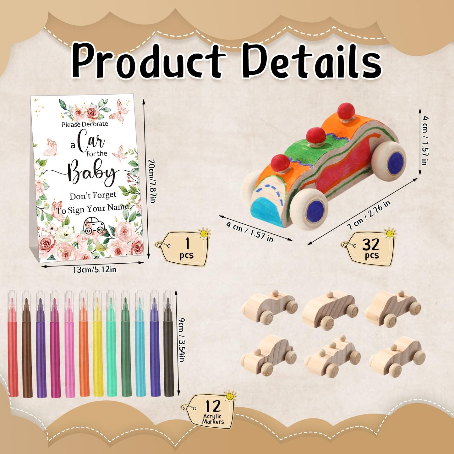 WinnerWhy Baby Shower Game Sign Kit Includes 32 Unfinished Wooden Car Blocks, 12 Markers, and a Prize Decoration Sign for Baby Shower(Boho)