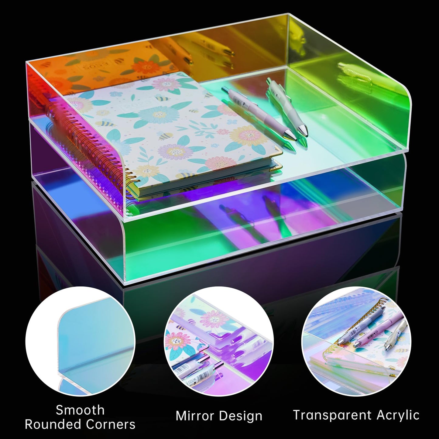 NiOffice Acrylic Letter Tray 2-Tier Iridescent Stackable Desk Paper Tray Organizer and Office Accessories Supplies, Rainbow Letter Size Desk Accessories Storage Organization (Portrait)