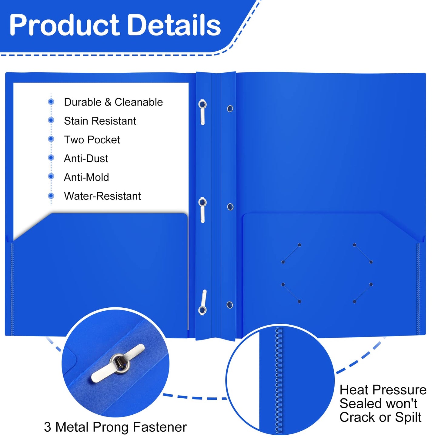 Heavy Duty Plastic Folder, 60 Pack, Pocket Folder with brads, Letter Size Poly File, Plastic Folders with 3 Prongs Fasteners - Blue