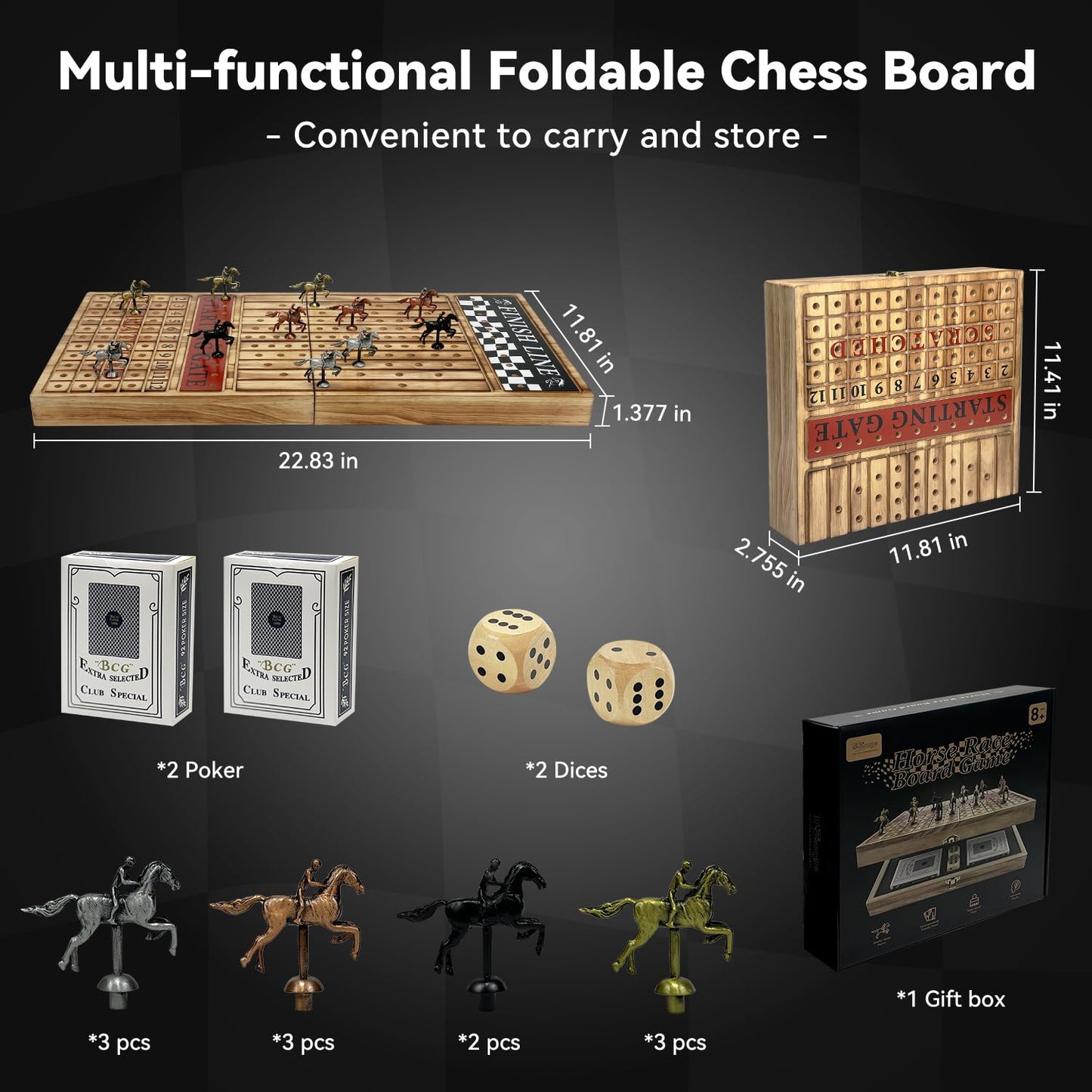 Large 23 inches Horse Racing Board Game with 11 Luxury Metal Horses, Foldable Wood Horse Race Board Game with 2 Sets of Dice, 2 Boxes of Cards for Parties and Gambling