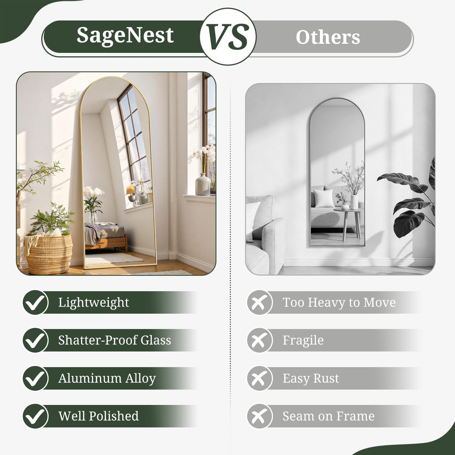 Mirror Full Length 59"x16" Full Body Floor Mirror with Stand, Shatterproof Glass, Aluminum Alloy Frame, Free Standing Wall Mounted or Leaning Arched Mirrors for Bedroom Living Room Entryway