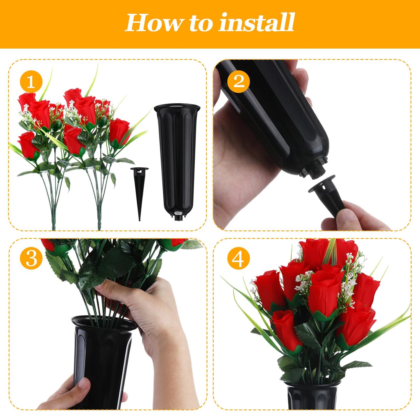 Tigeen 6 Sets Father's Day Cemetery Flowers with Grave Vase 12 Bunches Artificial Rose Memorial Bouquet 84 Heads Fake Silk Flower for Dad Gravesite Graveside Decor(Red)
