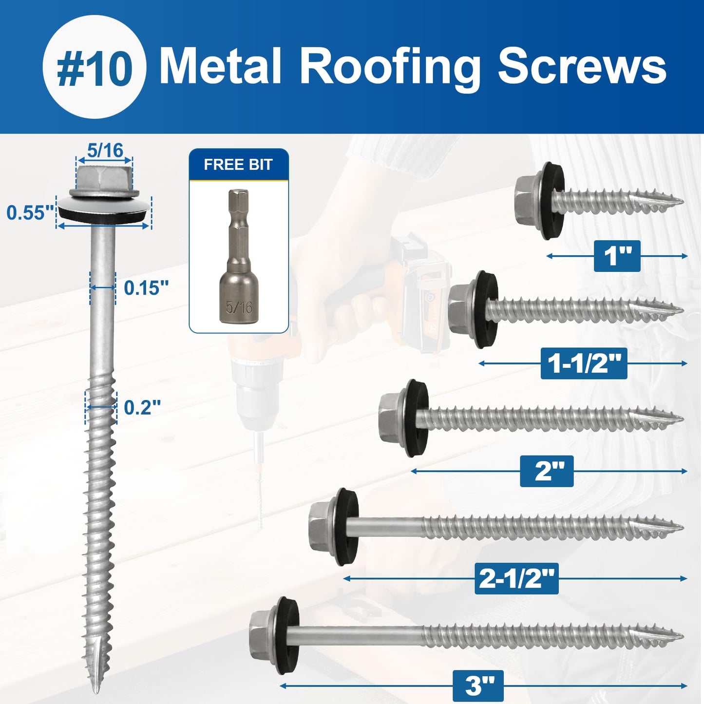 FMhotu Metal Roofing Screws #10×3Inch, 320-PCS, Hex Head Rustpert Coating Sheet Metal to Wood Siding Screw with EPDM Rubber Washer, Sharp Point, Hex Socket Included