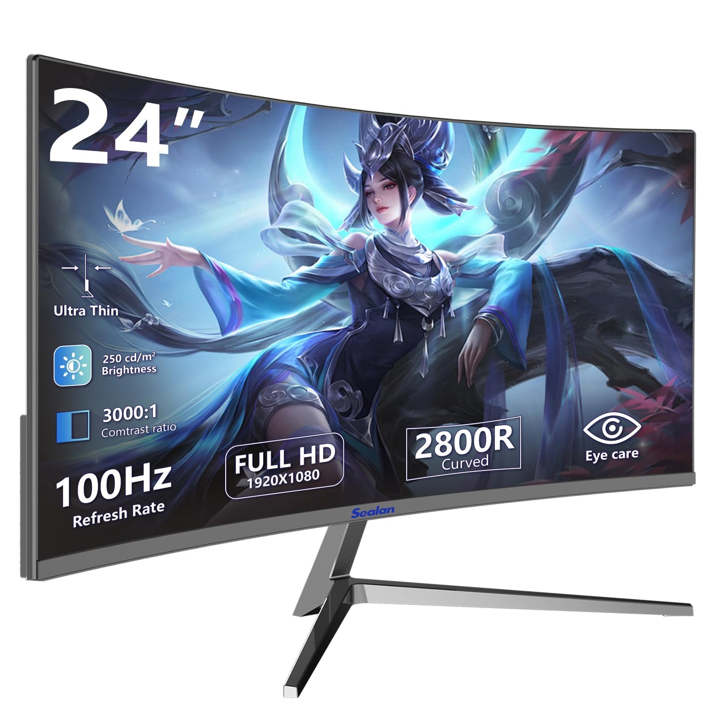 Sealan 24 inch Curved Gaming Computer Monitor FHD 1920x1080p 100Hz Refresh Rate 16:9 Aspect Ratio Free Sync Ergonomic Tilt Home Office Visual Experience for Work Play Support Wallmount (75x75mm)