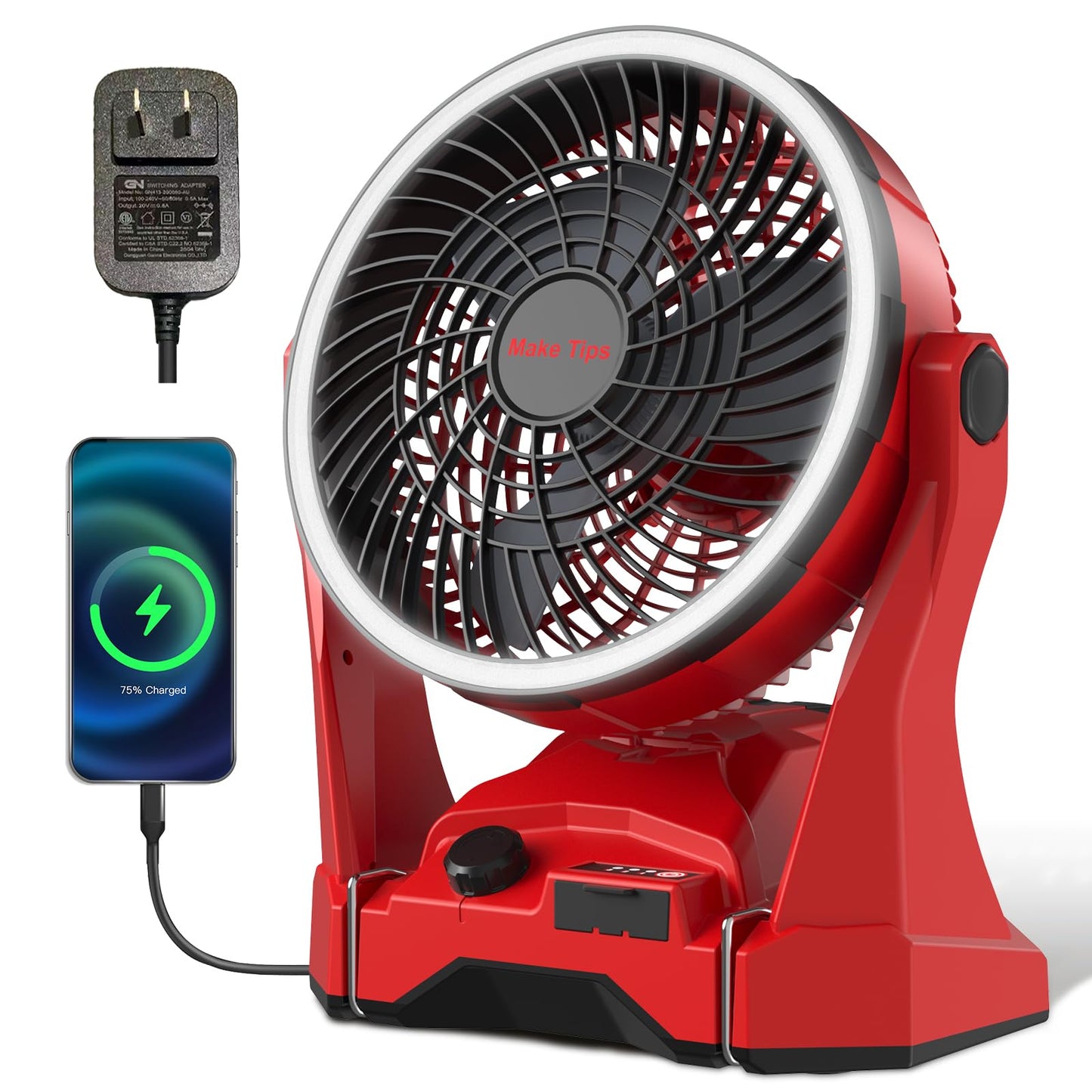 Fan for Milwaukee M18 Battery, Portable Jobsite Camping Fan with Infinite Speed Control, 3-Level Ring Light, USB-C and USB Charging, Hook, Handle, 180° Tilt for Outdoor Use, Battery Not Included