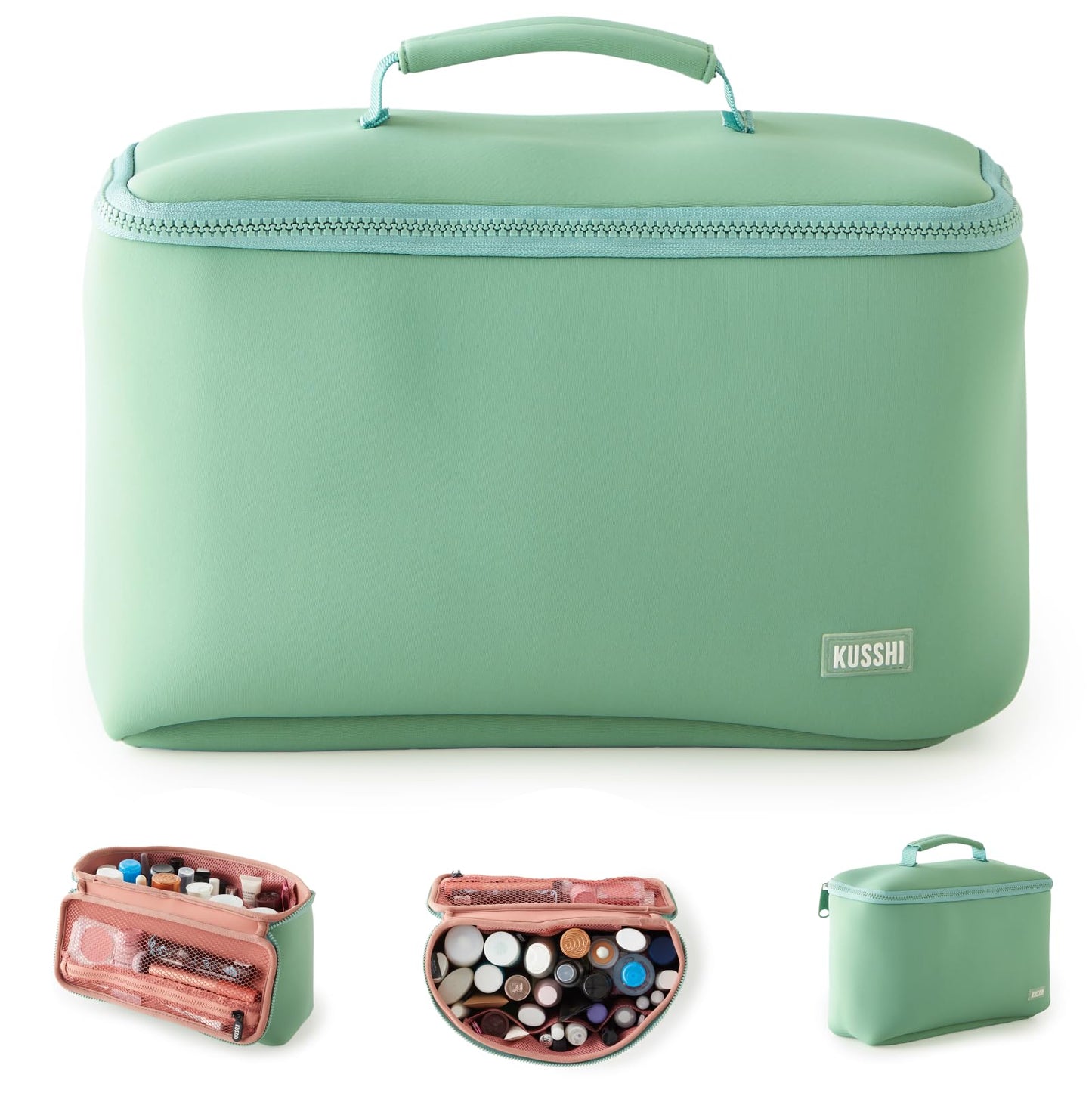 KUSSHI Neoprene Train Case (Large, Sage/Coral Rose)