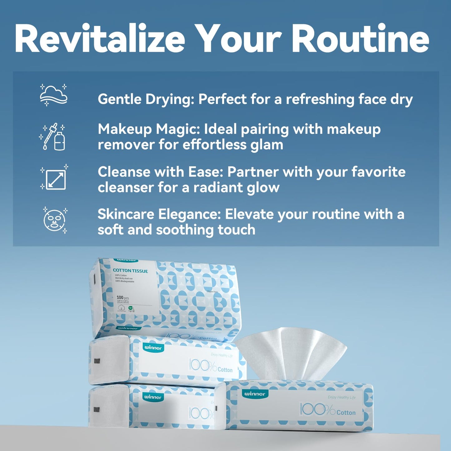 Winner Soft Face Towels - 100% USA Cotton Dry Wipes, 600 Count Unscented Cotton Tissues for Sensitive Skin, OEKO-TEX Certified Face Towelettes Disposable, Makeup Remover Facial Towels, 6 Pack